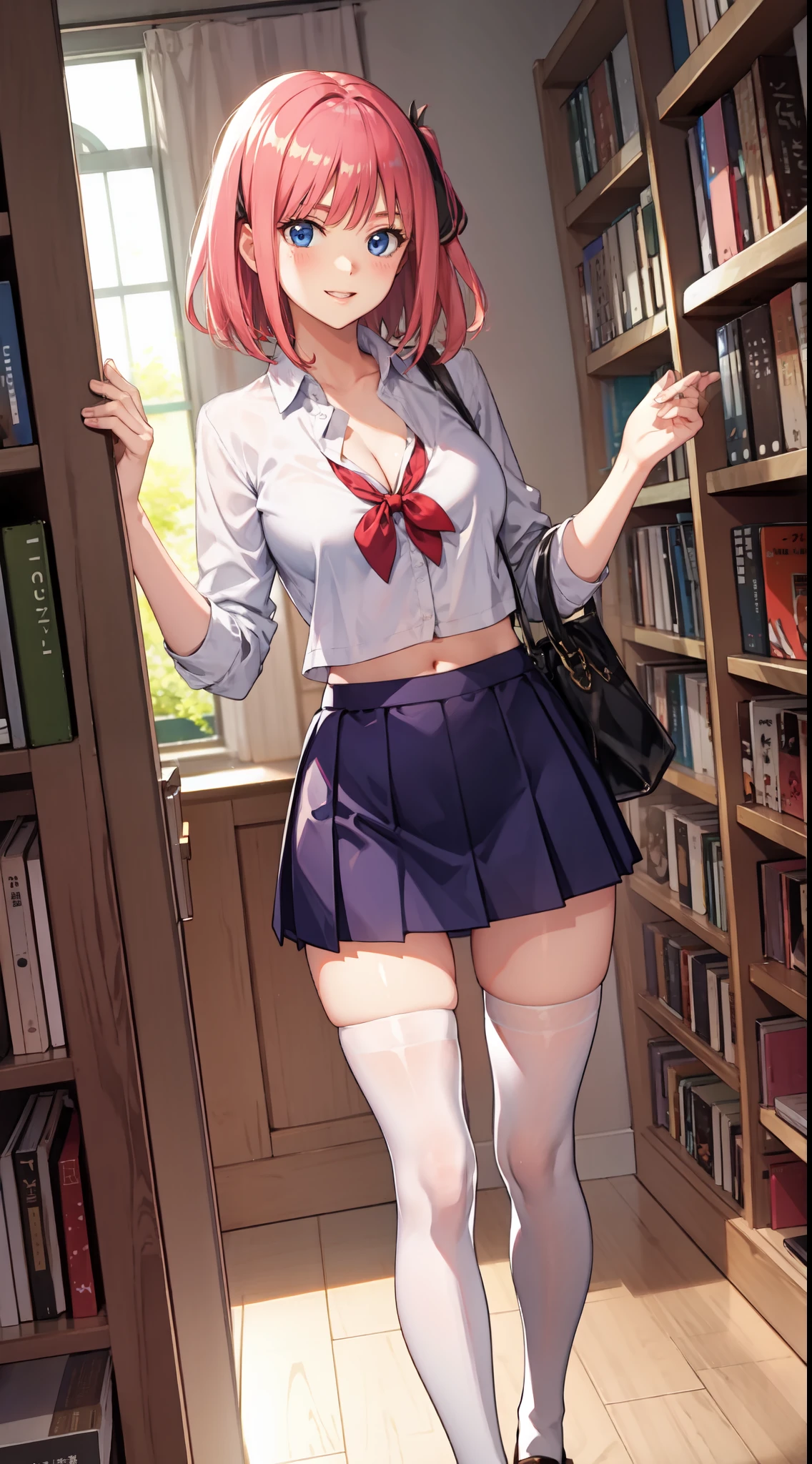 nakano nino, short hair, medium breast, slim legs, happy, cleavage, short skirt, navel, blue eyes, school uniform, thigh high socks, stand, library, pink hair