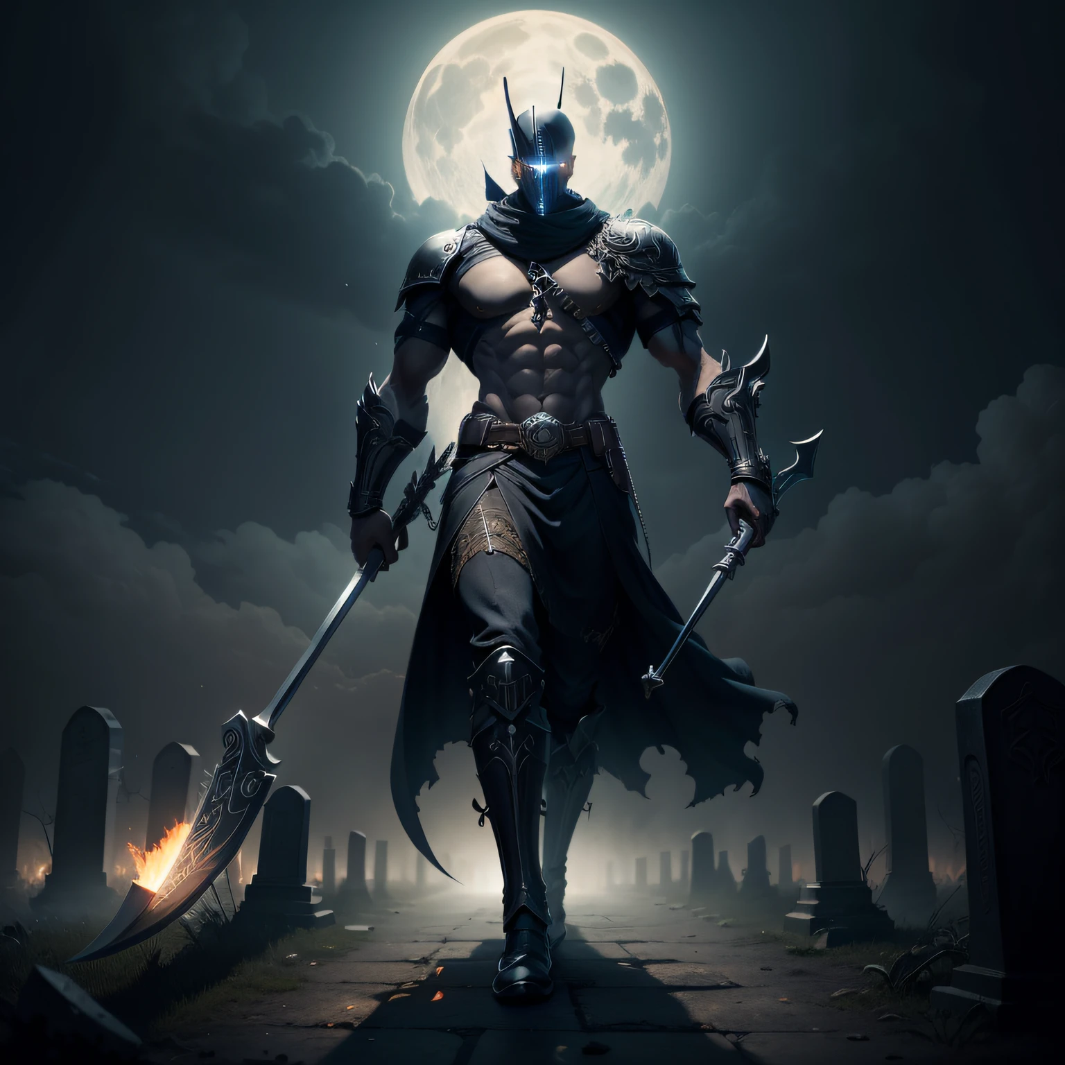 (masterpiece: 1.4), (best quality: 1.4), {1 huge scythe extremely sharp long wooden handle ornate with carved Greek words and incandescent lights cracked to the details its blade is extremely powerful with details of a high-tech material micro alloys carbon with titanium and vibranium in its blade, known as the weapon of death}, extremely detailed image, dark background of a cemetery in ruins, a lot of dark fog with moonlight