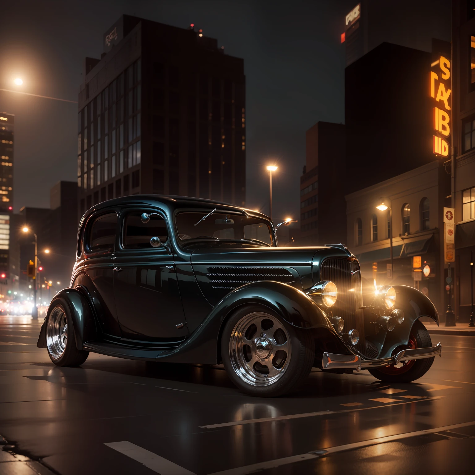 a 1934 Ford hotrod lowered with custom wheels. Editorial photoshoot downtown at night. cinematic lighting