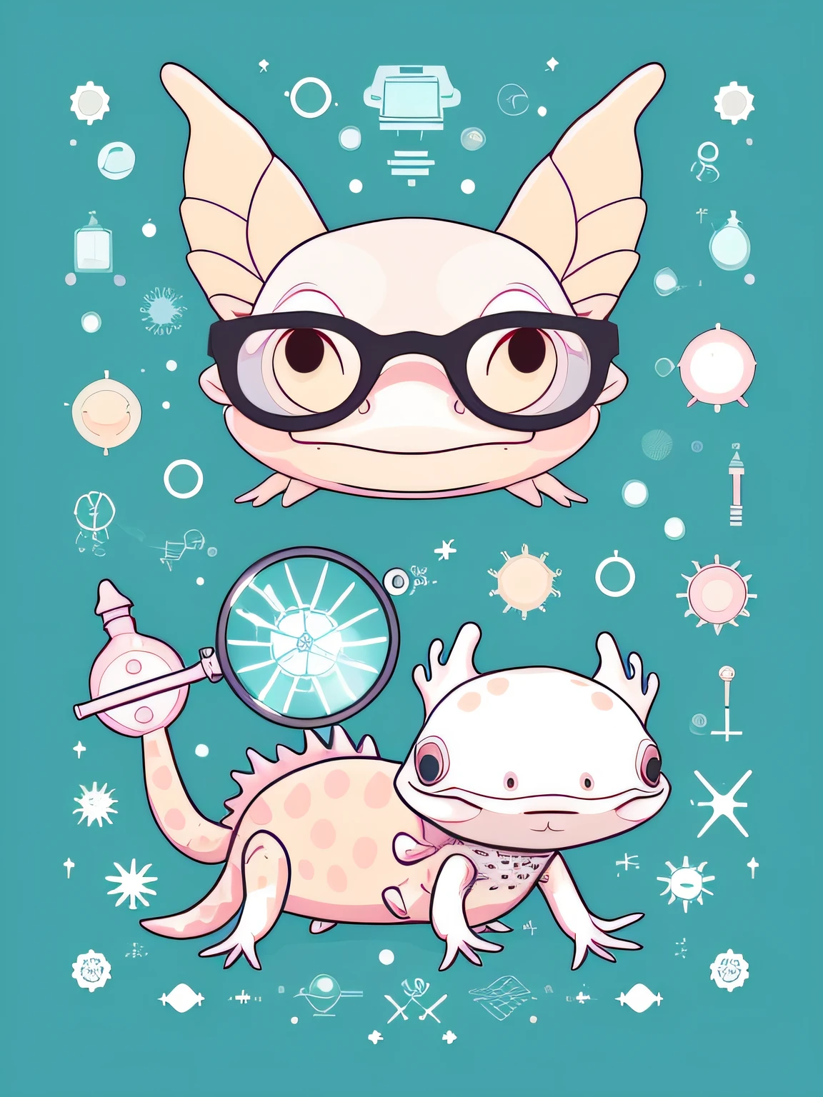 a whimsical vector art of a cute and anatomically-correct axolotl wearing glasses and holding a magnifying glass, as if it were a curious scientist. Depict the axolotl with a curious and inquisitive expression, exploring the world around it with a scientific mindset. Use a mix of vibrant and natural colors to create a playful and engaging illustration. This style should celebrate the axolotl's unique features while presenting it in a fun and imaginative manner, isolated, black background, in the style of 0mib