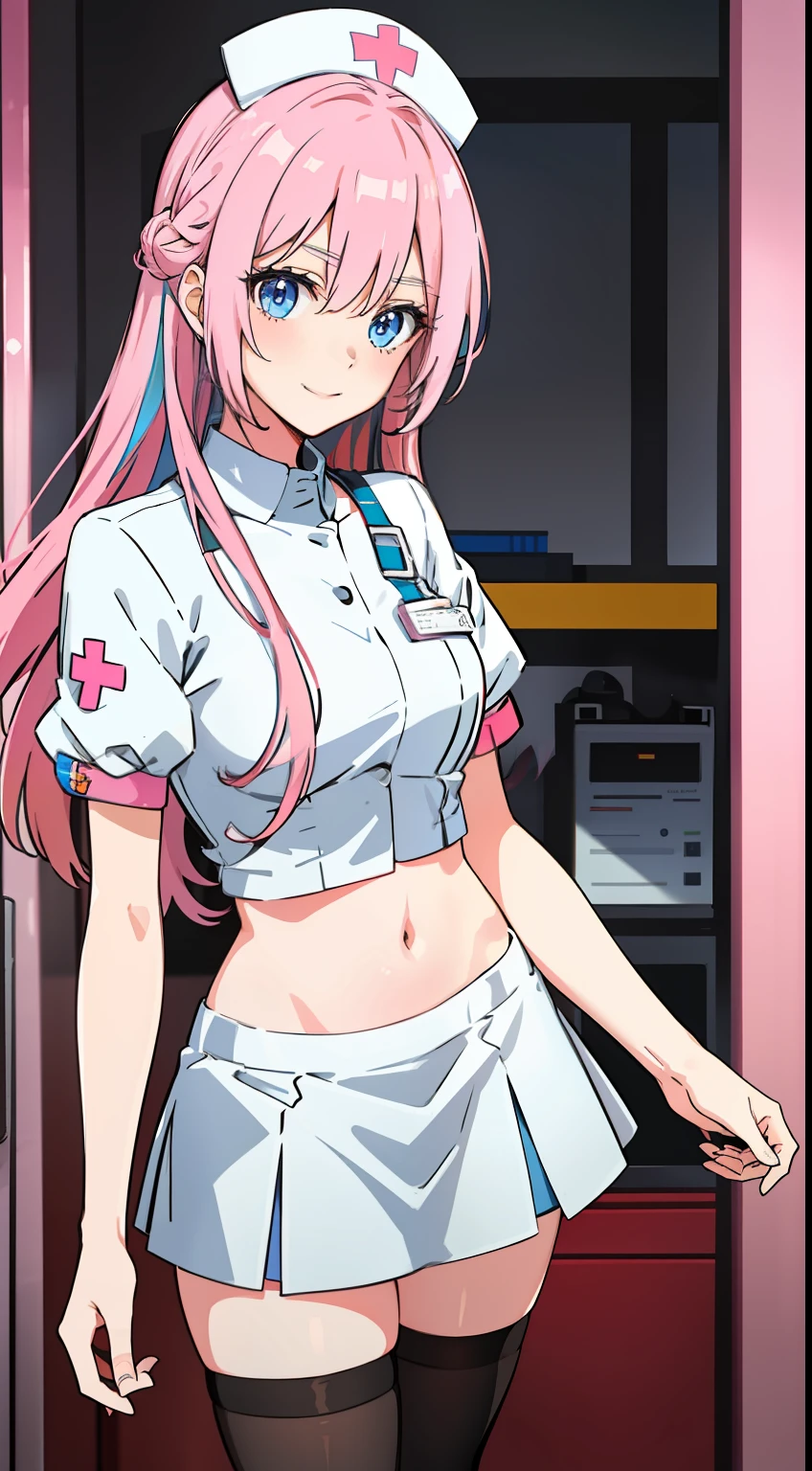 shikimori, slim legs, navel, short skirt, standing, beautiful eyes, blue eyes, happy, nurse, warzone, pink hair, long hair, thigh high socks