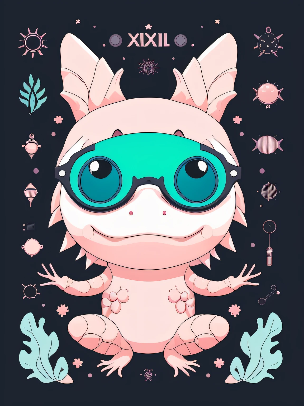 a whimsical vector art of a cute and anatomically-correct axolotl wearing glasses and holding a magnifying glass, as if it were a curious scientist. Depict the axolotl with a curious and inquisitive expression, exploring the world around it with a scientific mindset. Use a mix of vibrant and natural colors to create a playful and engaging illustration. This style should celebrate the axolotl's unique features while presenting it in a fun and imaginative manner, isolated, black background, in the style of 0mib