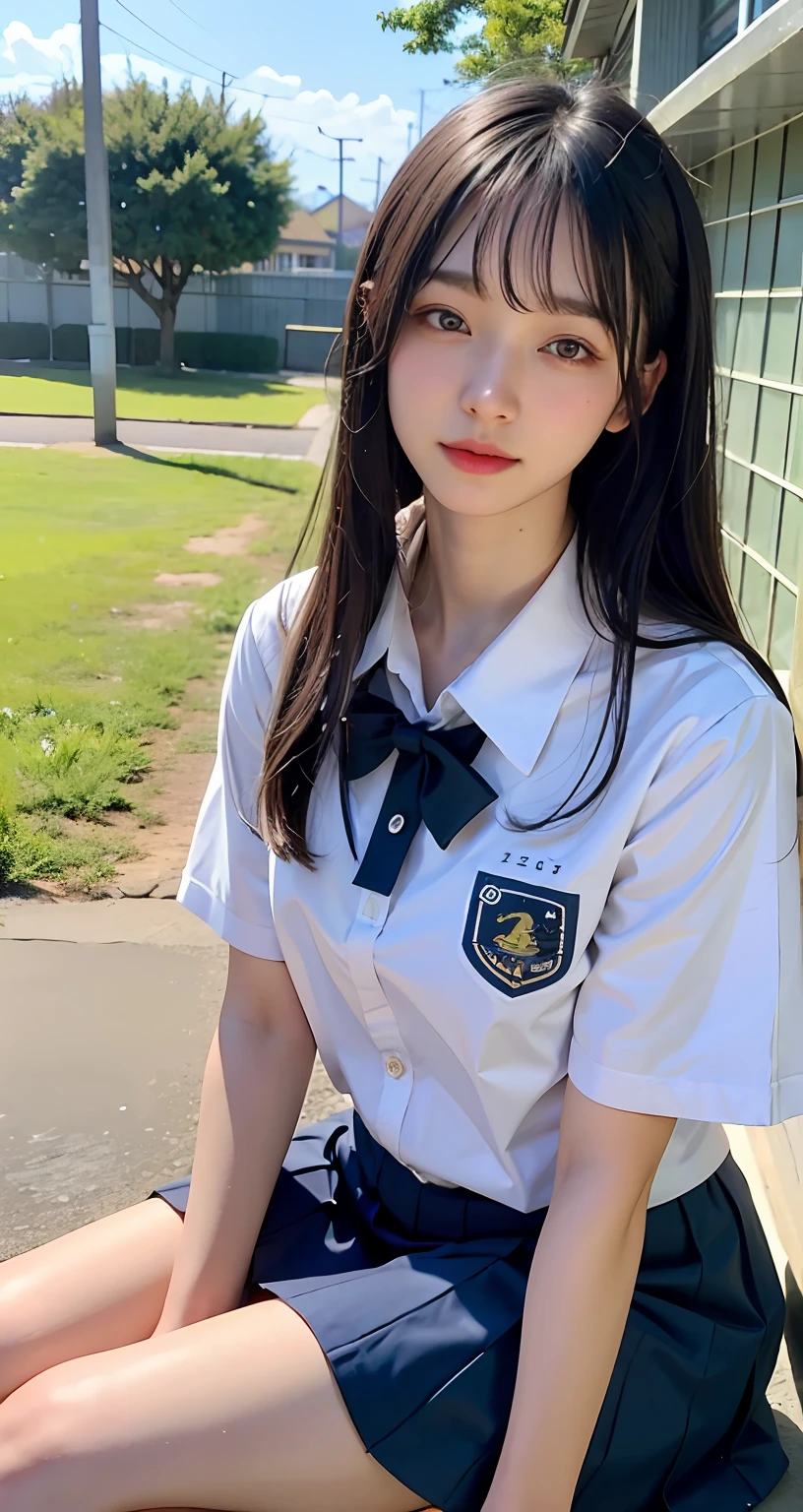 ((top-quality、​masterpiece))、Raw photography、8K、top-quality、 超A high resolution、Beautiful face in every detail、Realistic human skin、Gentle expression、front-facing view、Farbe々From an angle、length hair、realisitic、Photorealsitic、cute little、a short skirt、cute school girl、Japan schoolgirl wearing uniform、Surreal High School Girl、blue-sky、outside of house、baseball field、sitting in a bench、(wrist watch)、