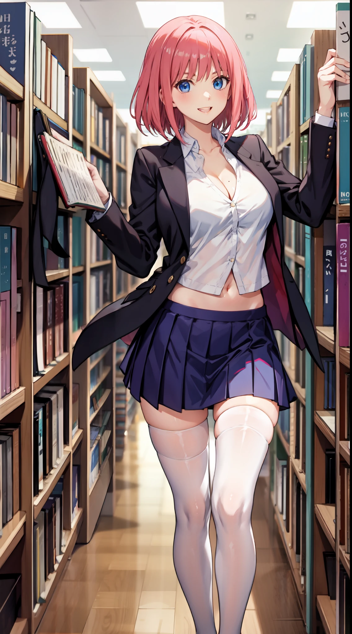 nakano_nino, short hair, slim legs, happy, cleavage, short skirt, navel, blue eyes, school uniform, thigh high socks, stand, library, pink hair
