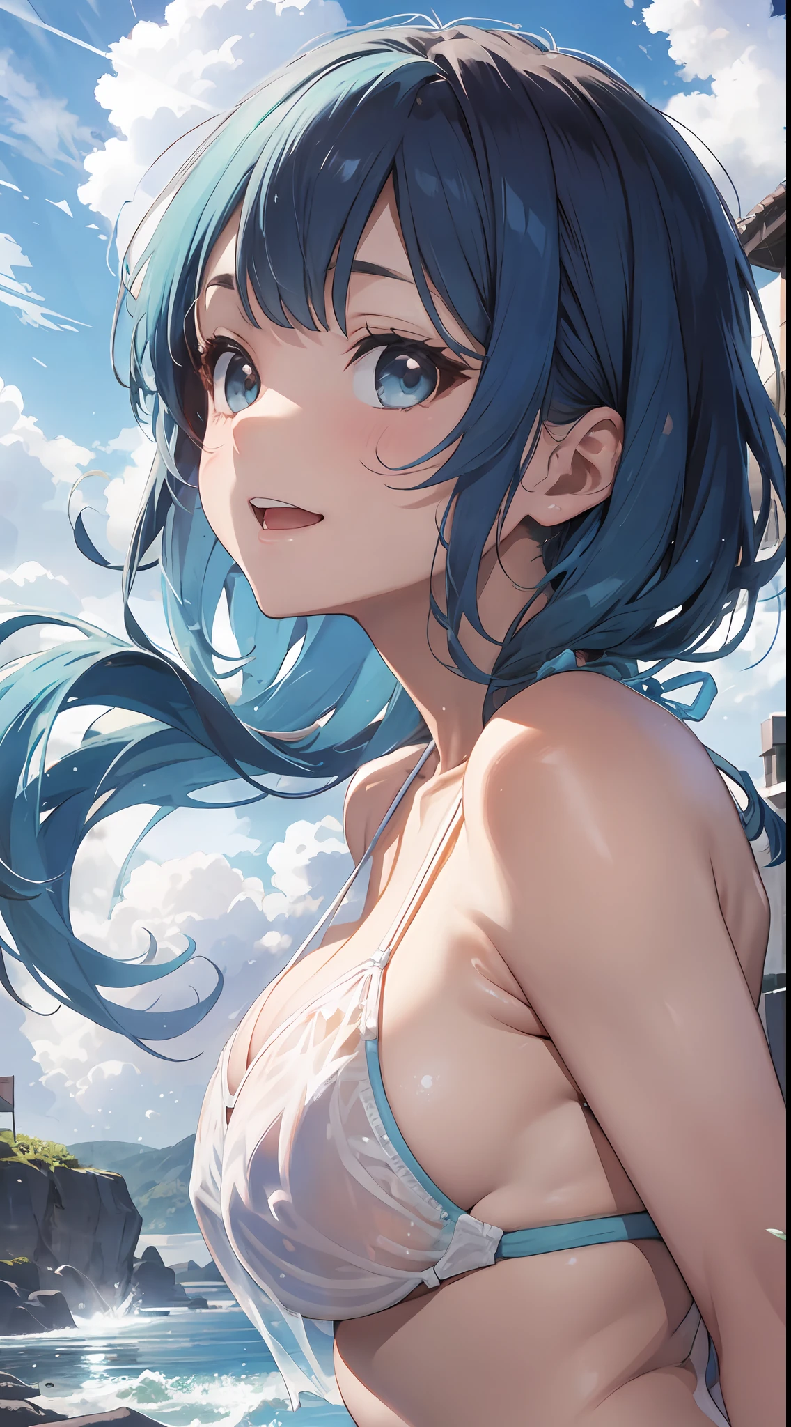 (NSFW:1.2), (8K, Raw photography, Top image quality, tmasterpiece: 1.4), ultra highly detailed, (realisitic, photoreallistic: 1.48), 20 yrs, Cute s, (See-through white micro bikini:1.55), Japanese famous actor、 (blue hairs:1.7)、1 daughter、Solo Focus、Type Moon Wind、Kyoto Animation Style、Shorthair、Blunt bangs、Inter-eye hairs、side locks、Shiny hair、Beautiful and dense cold face、Seductive smiling、anger、Intricate details beautiful and delicate eyes、Bare shoulders 、huge-breast、Clear eyes、White Skin Skin、hair adornments、swim ring、Beautiful raw back、sandal、Skin dent、鎖骨、Raw feet、the beach、Dense sky、White sandy beach、The tree、 very accurate and detailed、absurdist、Very Details、16k wallpapers、Realistic texture、Masterpiece to the smallest detail、From Side, looking at the viewers, deadpan, Beautiful lake, Zeiss 150mm f/ 2.8 Hasselblad, Whole human body, for feet, ultra-wide-angle