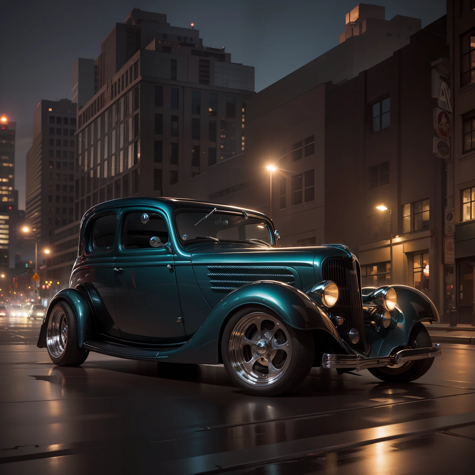a 1934 Ford hotrod lowered with custom wheels. Editorial photoshoot downtown at night. cinematic lighting