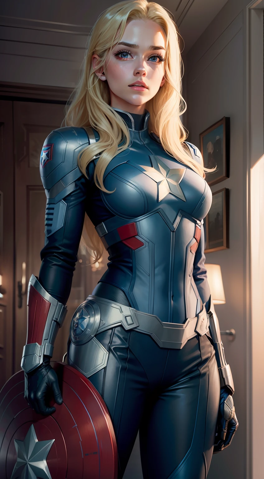 HD masterpiece, blonde hair, female, wearing captain america suit, blue suit, marvel, MCU.