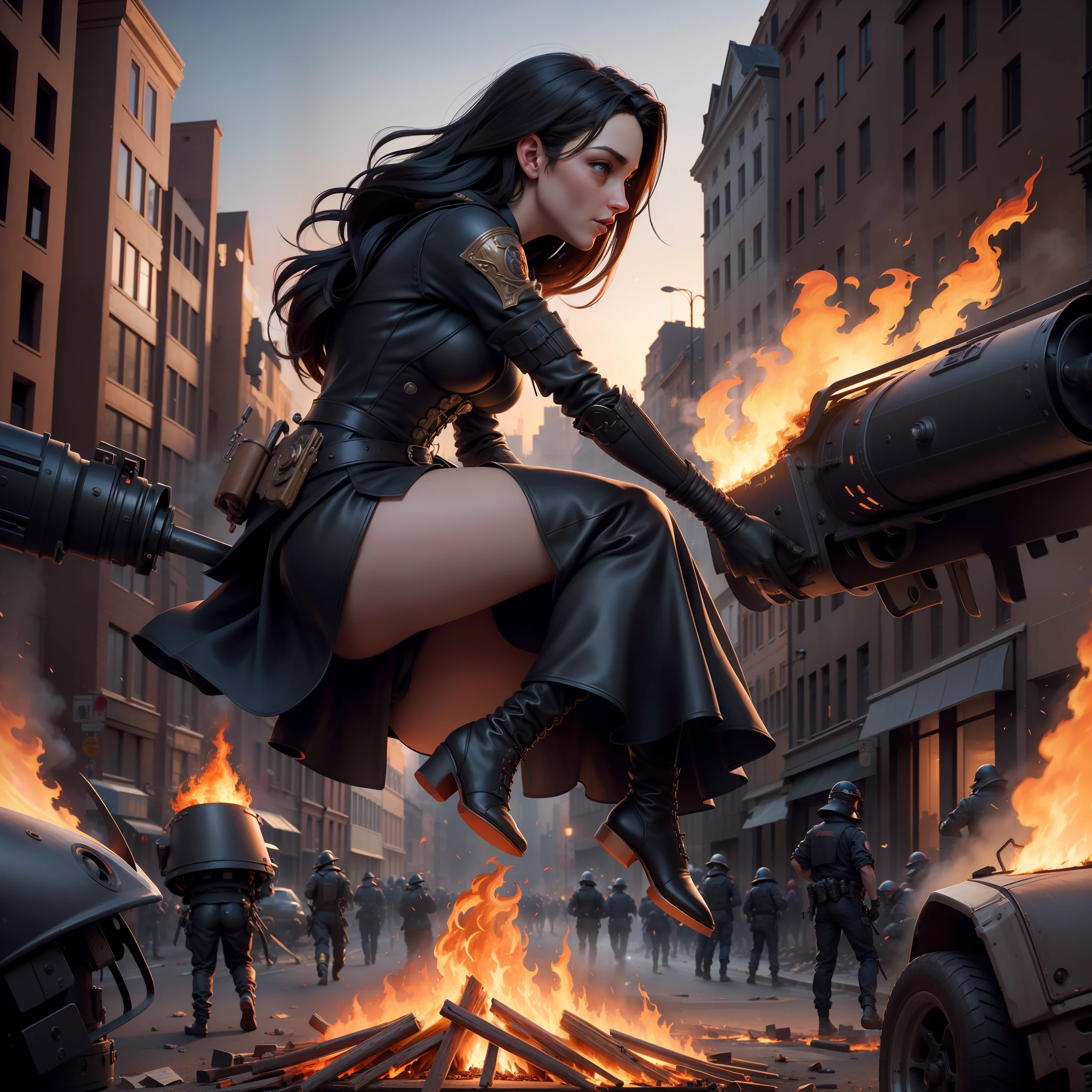 (masterpiece, top quality, best quality, official art, beautiful and aesthetic:1.2), 
there is a beautiful woman jumping over a fire with a beautiful woman watching, rioting, chaotic riots in 2055, violent protest, 
riot, after a riot, mosh pit, witch burning, lots of fire, pandemonium, woman made of black flames, 
dystopian celebration, profile image, profile picture, bonfire in city street, beautiful oil matte painting, american scene painting,