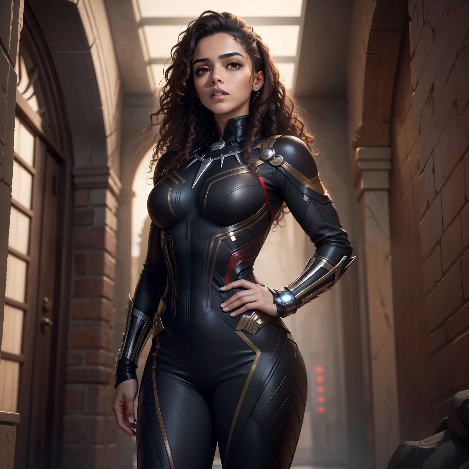 HD masterpiece, curly hair, brown Hispanic female, wearing black panther suit, red and black design, marvel, MCU.