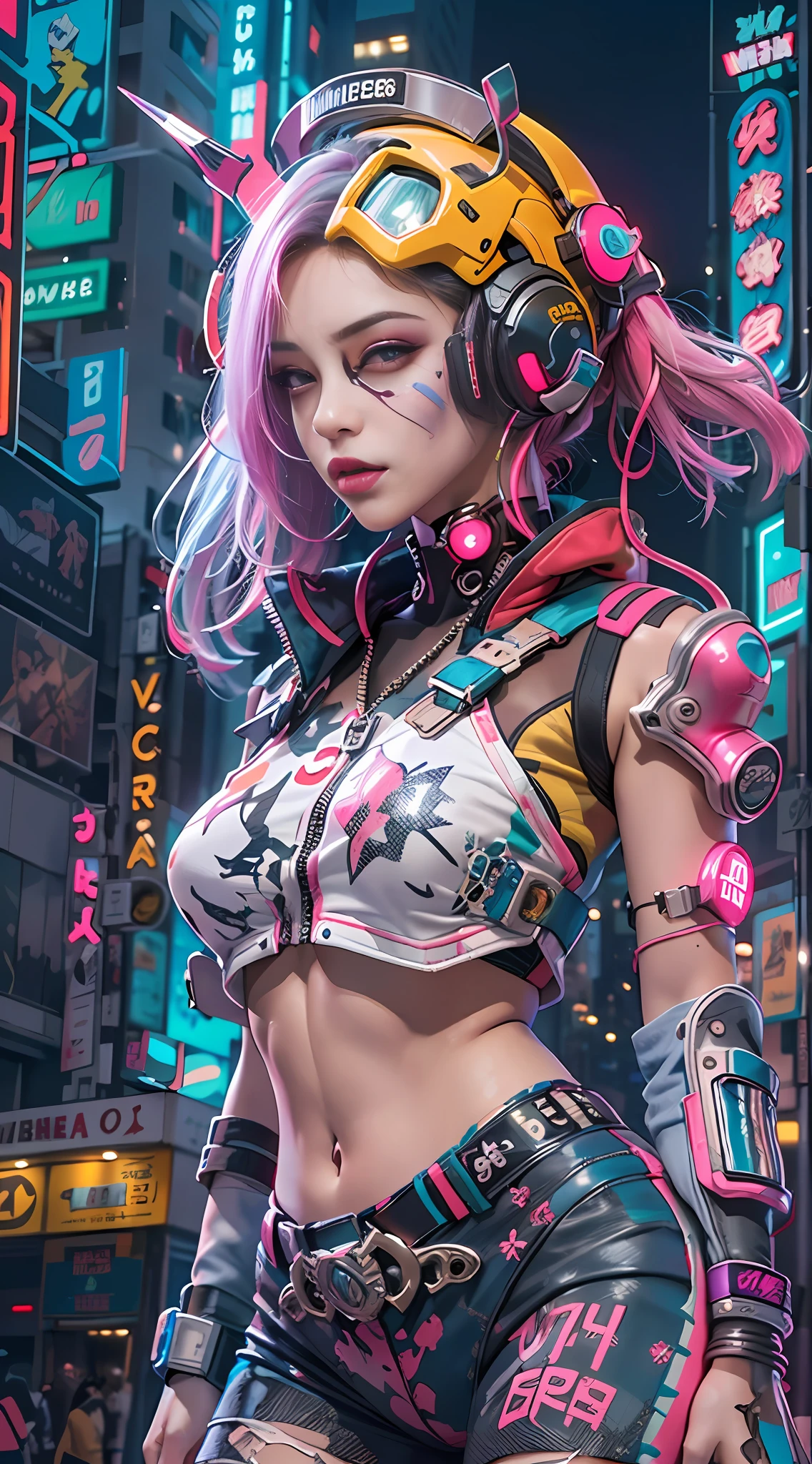 masterpiece, best quality, 2 confident cyberpunk girls, Harajuku-inspired cyberpunk body harnesst, bold colors and patterns, eye-catching accessories, trendy and innovative hairstyle, vibrant makeup, Cyberpunk dazzling cityscape, skyscrapers, neon signs, LED lights, bright and vivid color scheme, anime, illustration, detailed skin texture, detailed cloth texture, beautiful detailed face, intricate details, ultra detailed.