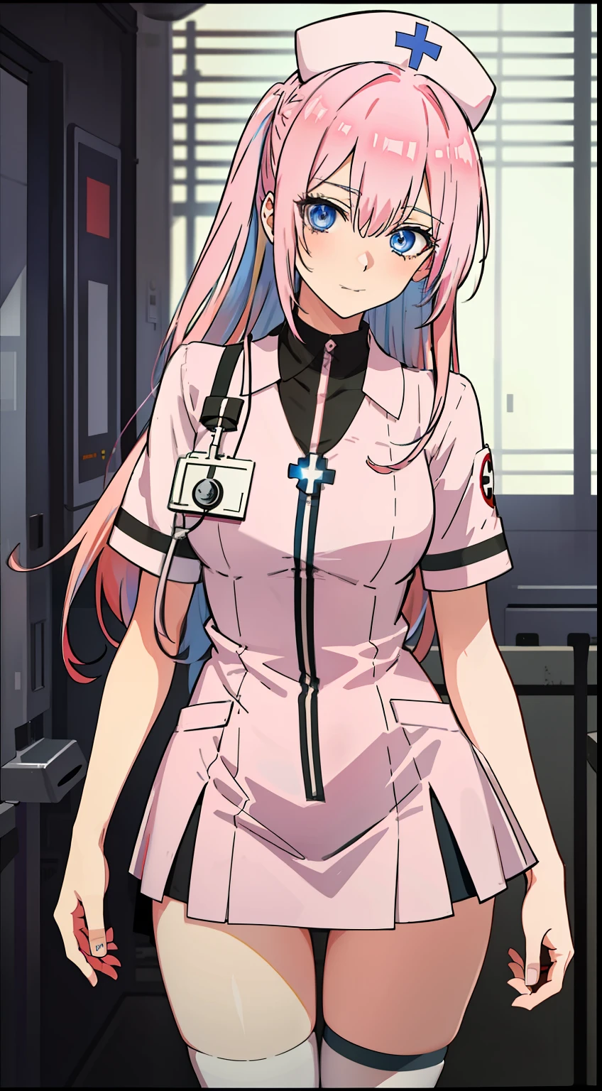 shikimori, slim legs, navel, short skirt, standing, beautiful eyes, blue eyes, afraid, nurse, battlefield, pink hair, long hair, thigh high socks