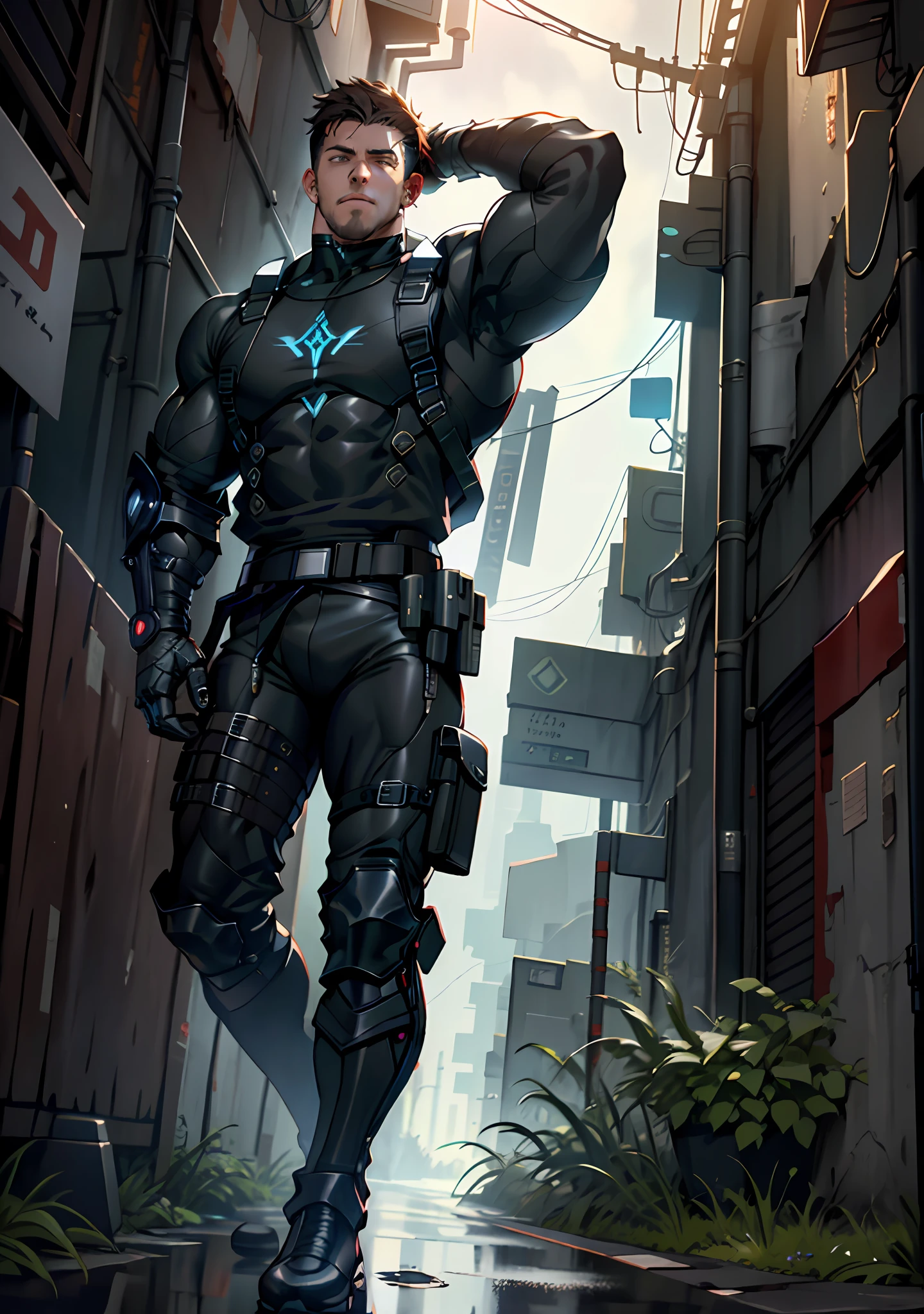 hyper-detailing,A high resolution,hyper-detailing,best qualtiy,astounding,top Quority,the Extremely Detailed CG Unity 8K Wallpapers,cinmatic lighting,Cat fans,cyber punk perssonage,mtu,Chris Redfield,Muscles are strong,Strengthen your pectoral muscles,Muscular robotic arm,perspire,rainy evening,Stand under a street lamp,Back against the wall,Smoking,Handsome face,cyber punk perssonage,Dark Boy,Robotic arm,rainy evening,the night,rained,Stand under a street lamp,By street light poles,He has dark broken hair on his head,The feathers on the sides of the head are pitch black as ink,But the eyes are very determined,As if nothing could completely defeat him。He wears a black muscle-tight nano-creature armor,High-tech muscle leggings tactical pants,Black fitted metal prosthetic body remodeled split toe tech shoes,Black iron gaunts were added to the arms on both sides,quadratic element,4K,full bodyesbian,Nano-biological skinny mech,Iron arm,Arm muscle lines,Colony Armor Cap,Resident Evil Chris,Biological muscle tights,depth of fields,Armageddon,