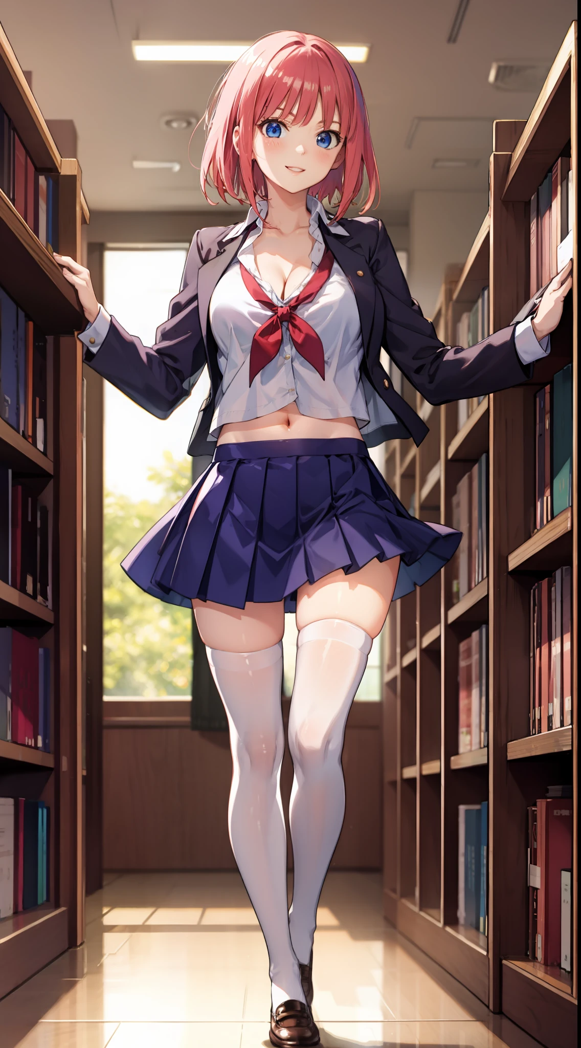 nakano_nino, short hair, slim legs, happy, cleavage, short skirt, navel, blue eyes, school uniform, thigh high socks, stand, library, pink hair