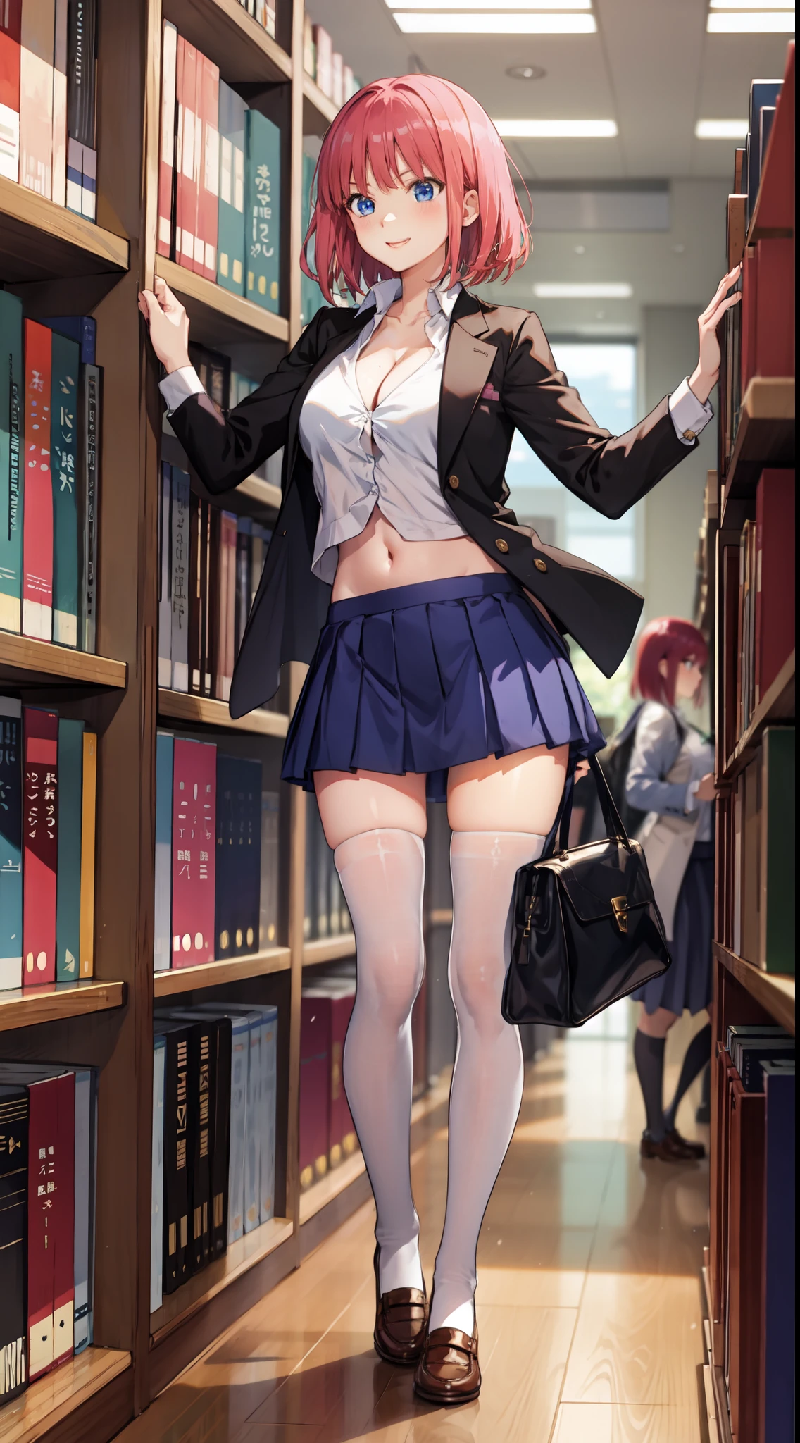 nakano_nino, short hair, slim legs, happy, cleavage, short skirt, navel, blue eyes, school uniform, thigh high socks, stand, library, pink hair