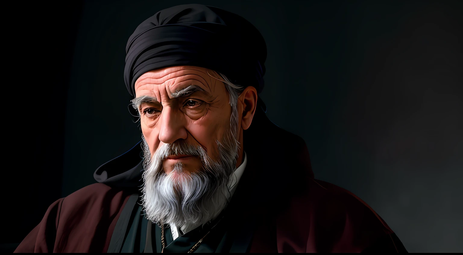 A portrait of a philosopher in profile, pensando, Wise Man, barbudo, enrugado, envelhecido, com olhos penetrantes, rosto detalhado, detalhes altos, fotografia, studio dark, luz de aro, Nikon D850, 50mm, f/1.4