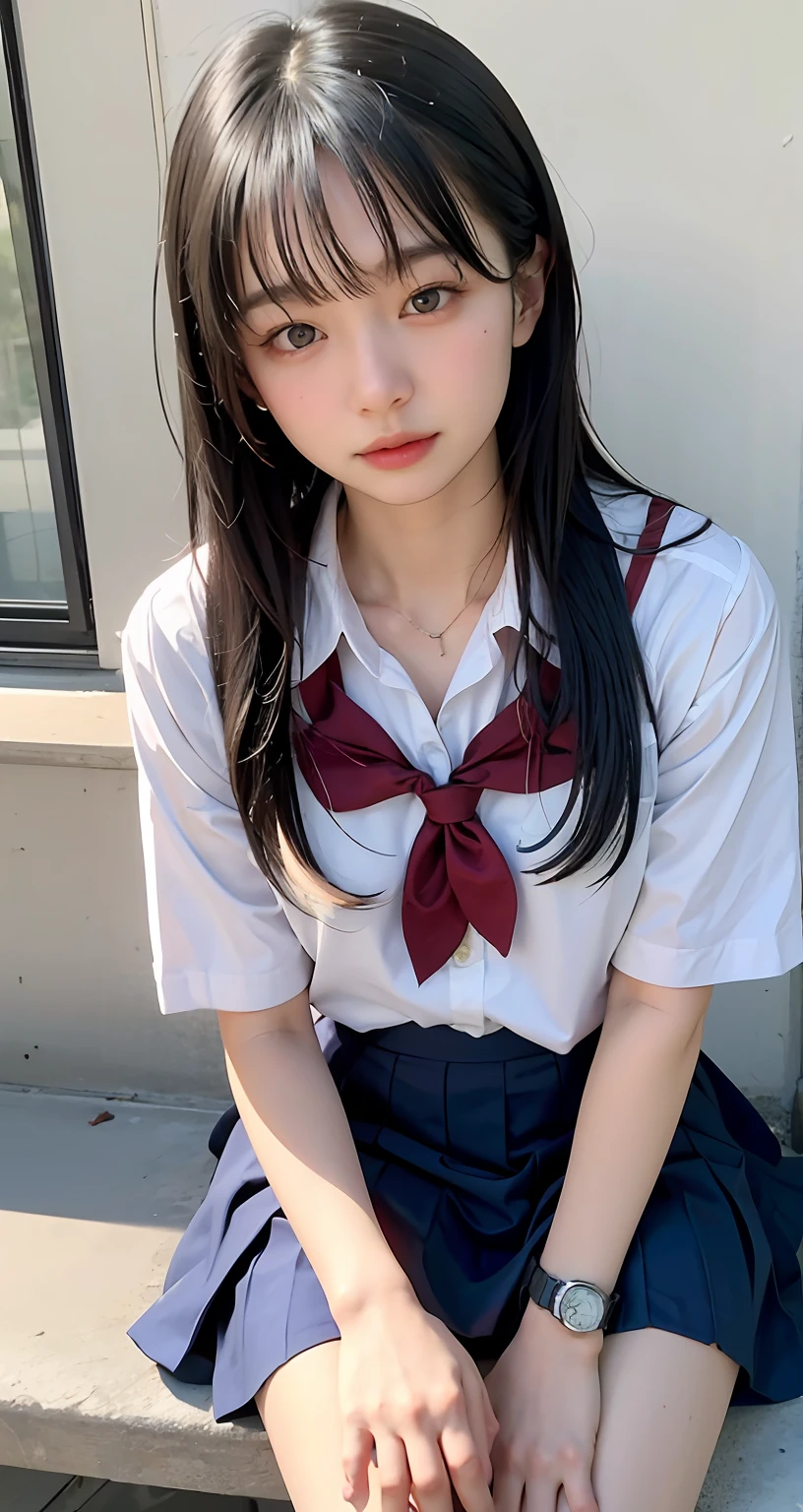 ((top-quality、​masterpiece))、Raw photography、8K、top-quality、 超A high resolution、Beautiful face in every detail、Realistic human skin、Gentle expression、front-facing view、Farbe々From an angle、length hair、realisitic、Photorealsitic、cute little、a short skirt、cute school girl、Japan schoolgirl wearing uniform、Surreal High School Girl、blue-sky、outside of house、baseball field、sitting in a bench、(wrist watch)、