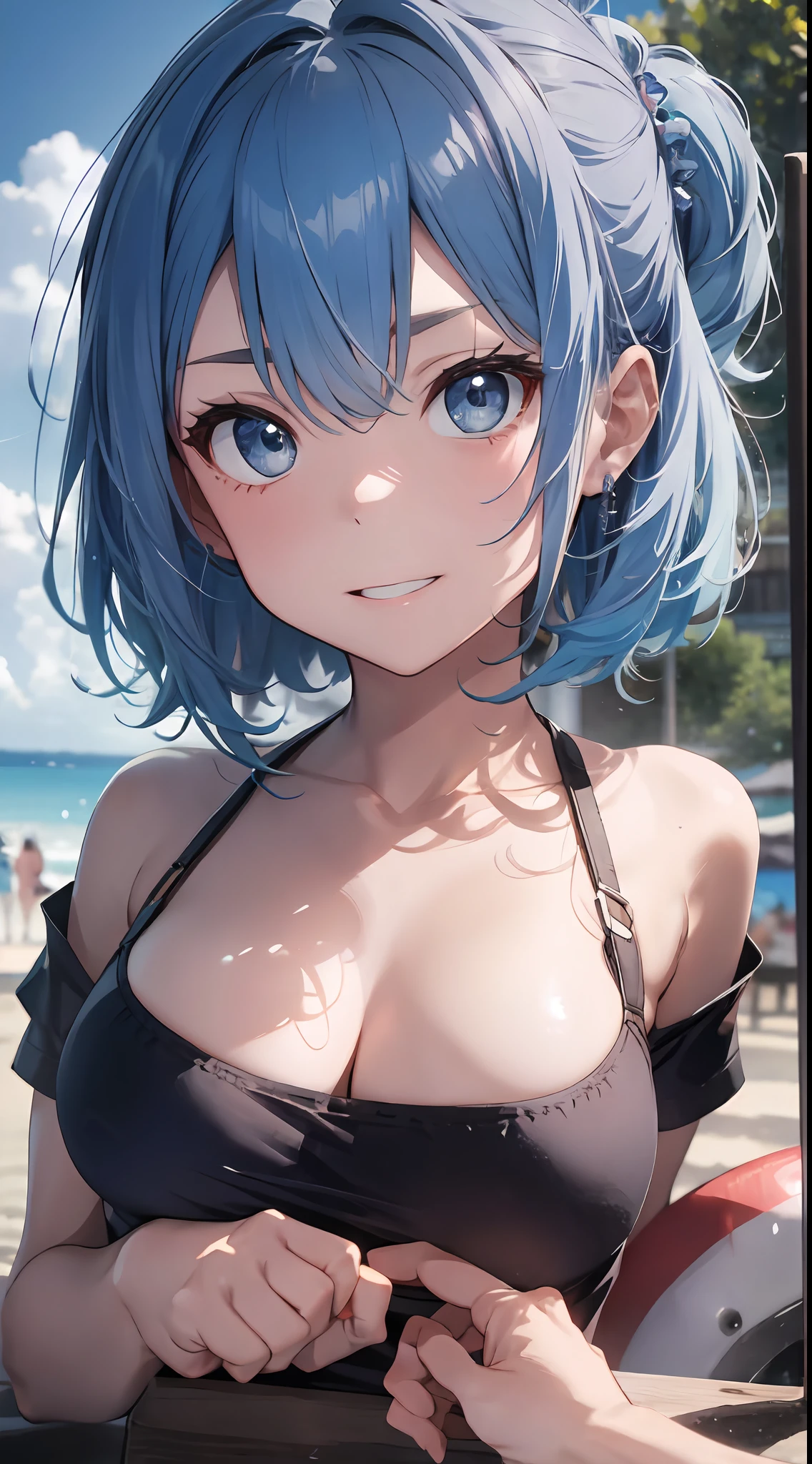 (NSFW:1.2), (8K, Raw photography, Top image quality, tmasterpiece: 1.4), ultra highly detailed, (realisitic, photoreallistic: 1.48), 1girl in, Solo Focus, type moon style, Kyoto Animation Style, short-length hair, (blue hairs:1.7), Blunt bangs, Hair Between Eyes, Clear eyes, side locks, White hair, Shiny hair, beautiful detailed cold face, Seductive smile, angry, complex details beautiful and delicate eyes, bare_shoulders, huge-breast, Gray eyes, White skin, Hair Ornament, (((T-shirt))), swim ring, swimsuit, beautiful bare back, Sandals, Skindentation, 鎖骨, bare_Legs, beach, Beautiful detailed sky, White sand, tree, very precise details, absurdist, Extremely detailed, 16k wallpaper,remrezero