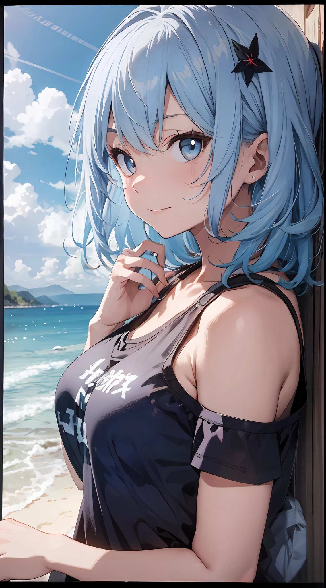 (NSFW:1.2), (8K, Raw photography, Top image quality, tmasterpiece: 1.4), ultra highly detailed, (realisitic, photoreallistic: 1.48), 1girl in, Solo Focus, type moon style, Kyoto Animation Style, short-length hair, (blue hairs:1.7), Blunt bangs, Hair Between Eyes, Clear eyes, side locks, White hair, Shiny hair, beautiful detailed cold face, Seductive smile, angry, complex details beautiful and delicate eyes, bare_shoulders, huge-breast, Gray eyes, White skin, Hair Ornament, (((T-shirt))), swim ring, swimsuit, beautiful bare back, Sandals, Skindentation, 鎖骨, bare_Legs, beach, Beautiful detailed sky, White sand, tree, very precise details, absurdist, Extremely detailed, 16k wallpaper,remrezero