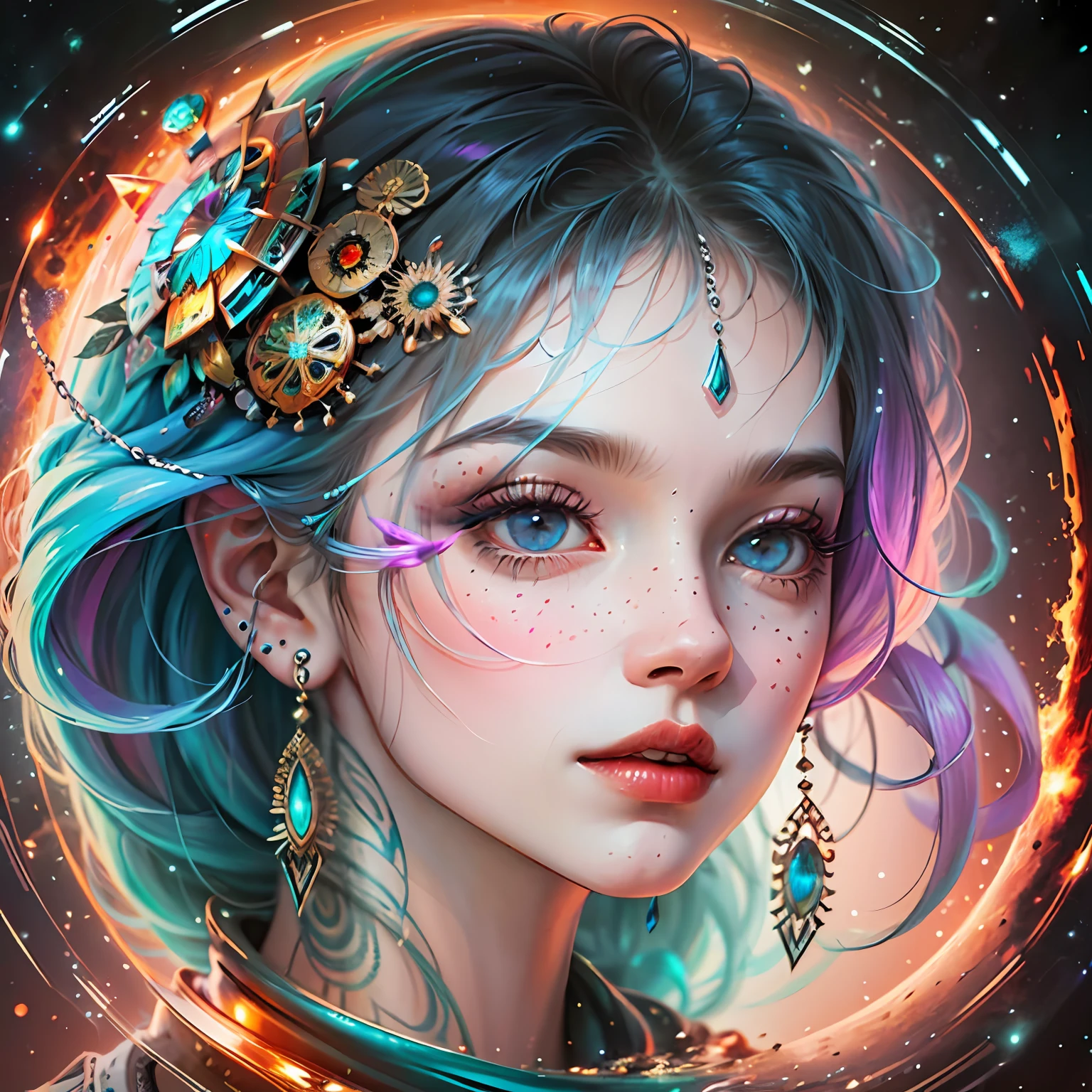 art similar to Alex Grey's art, lots of saturation in colors, woman, vortex, ultra realistic