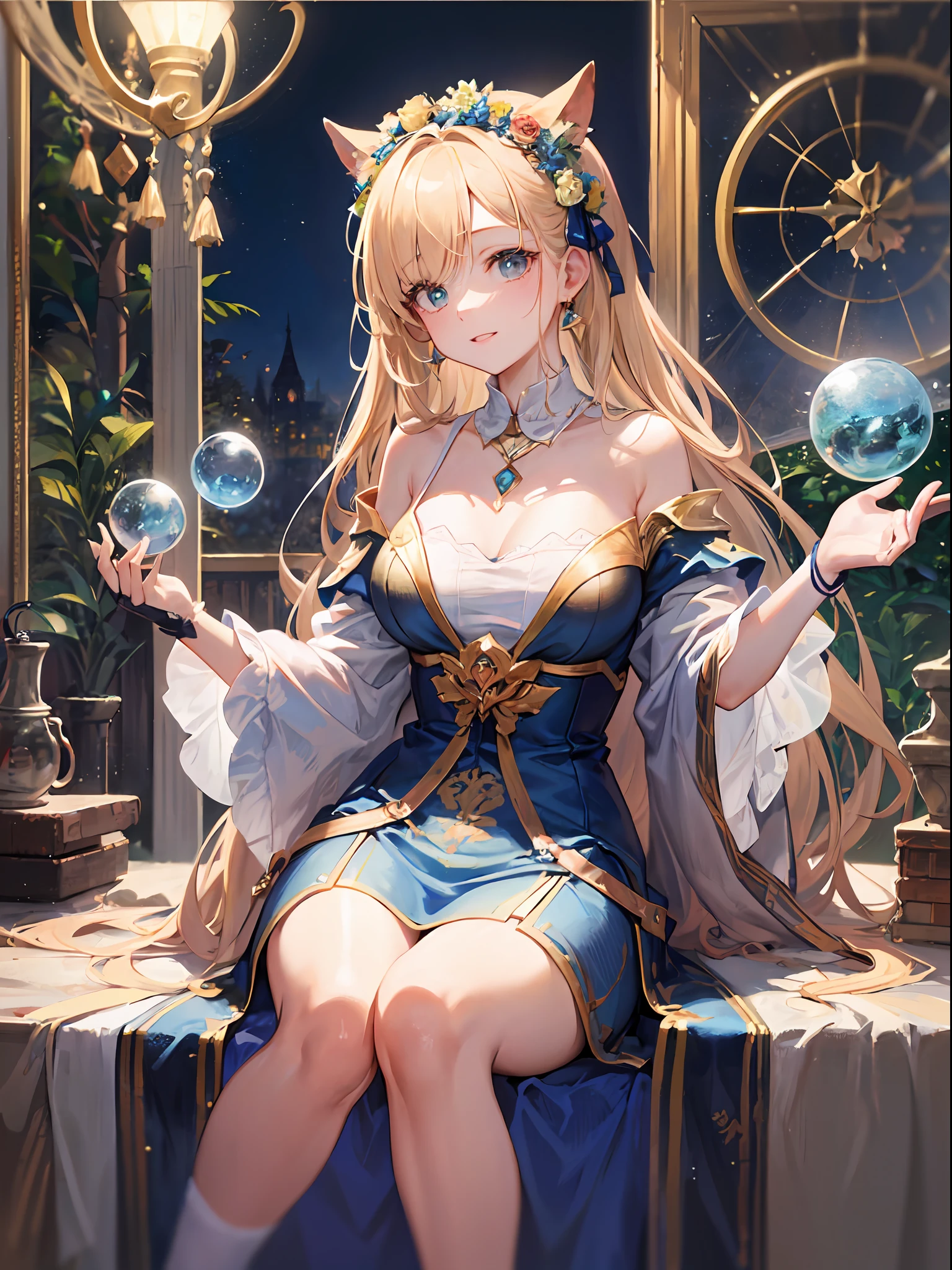 Delicate and masterpiece, beautiful details, colorful, fine details, detailed lips, intricate details, masterpiece, top quality, realistic, hyper detail, (glossy skin, sweaty: 1.4), absurdity, camera gaze, dynamic lighting, high resolution, sharp focus, depth of field, detailed eyes, sharp eyes, realistic eyes, protagonist, Japan female , protagonist, She is a beautiful girl with long blonde hair and blue eyes, and by being reincarnated in another world, she has become capable of magic and adventure. She was thrilled that she had become so cute that she looked at her face in the mirror and smiled. Her smile is expressed in intricate details and realistic descriptions, with words such as quality, image quality, detail, masterpieces, official art, masterpieces, masterpieces and details that are real. Her face is a human body based on human anatomy, and the fingers of her hands have not lost their shape. Her pupils are attractive, with a clear blue color and exaggerated star-shaped pupils.
She was also interested in otherworldly outfits, trying on colorful dresses and accessories. She chose what looked good on her and showed off her fashion sense. She wore a white lace dress with a pink ribbon and a floral ornament on her head. She wore a pearl necklace around her neck and pierced her ears. She wore white gloves on her hands and white socks and pink shoes on her feet. She wore a small heart-shaped brooch on her chest. She had feathers on her back and looked like an angel.
She was also fascinated by otherworldly magic, so she picked up a spellbook and a wand to try out magic. She used the magic of attributes such as fire, water, and wind to create fireworks, bubbles, and balloons in the air. She cast a spell she learned from the spellbook and released a glowing ball from her wand. She waved her wand and painted colorful patterns and letters in the air. She pointed to her wand and moved small animals and dolls. She threw her wand and caught it in the