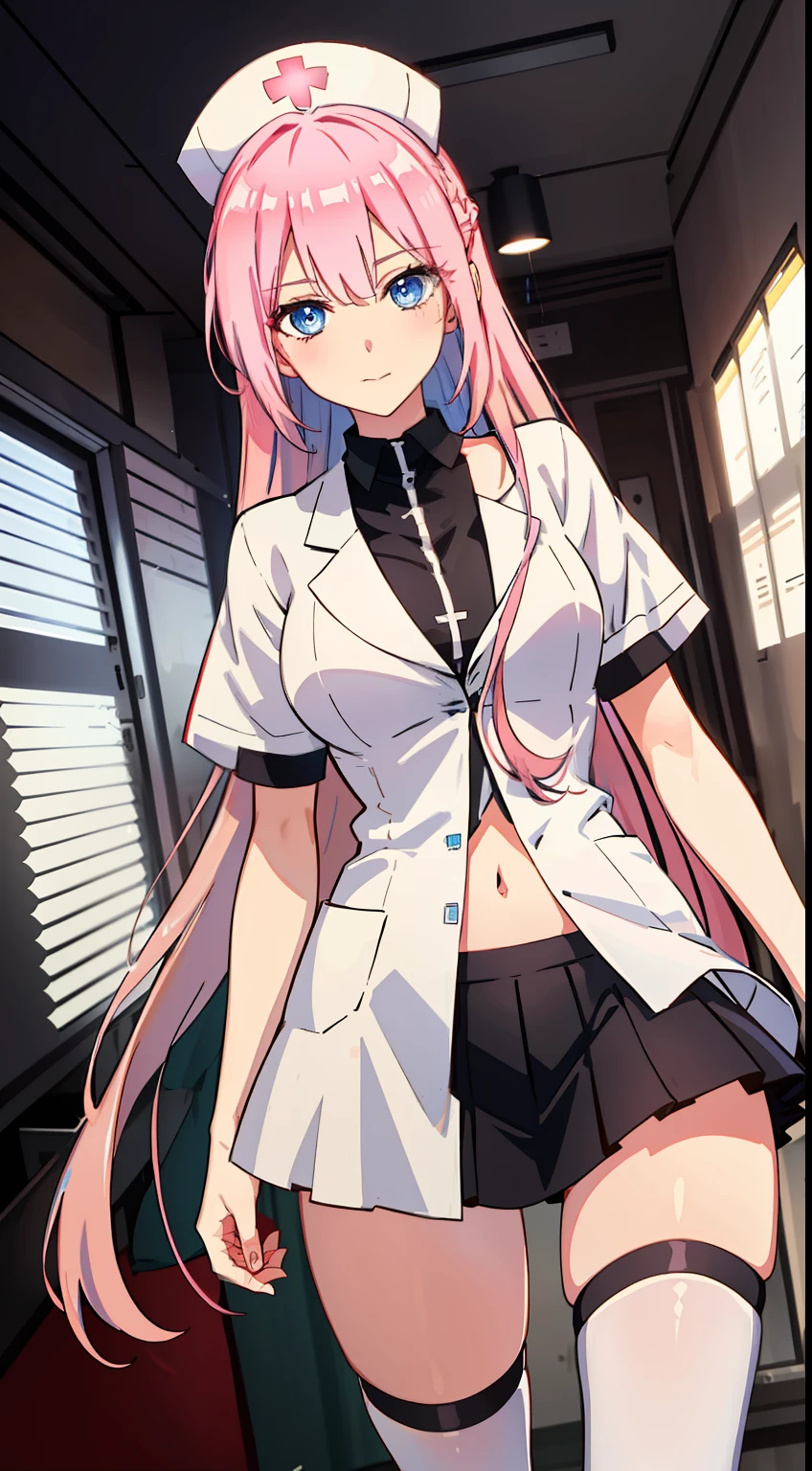 shikimori, slim legs, navel, short skirt, standing, beautiful eyes, blue eyes, afraid, nurse, battlefield, war, pink hair, long hair, thigh high socks