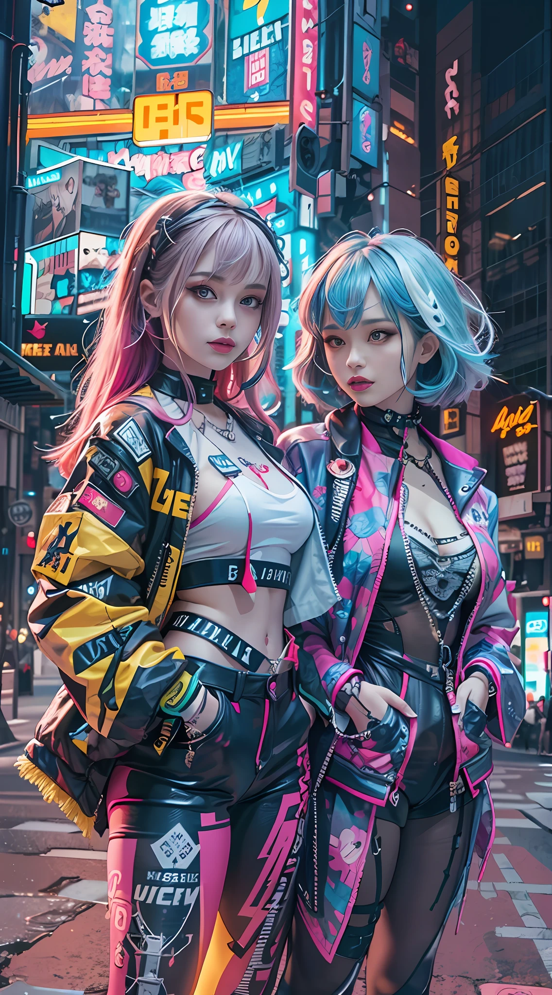 masterpiece, best quality, 2 confident cyberpunk girls standing together, Harajuku-inspired cyberpunk outfit, bold colors and patterns, eye-catching accessories, trendy and innovative hairstyle, vibrant makeup, Cyberpunk dazzling cityscape, skyscrapers, neon signs, LED lights, bright and vivid color scheme, anime, illustration, detailed skin texture, detailed cloth texture, beautiful detailed face, intricate details, ultra detailed.