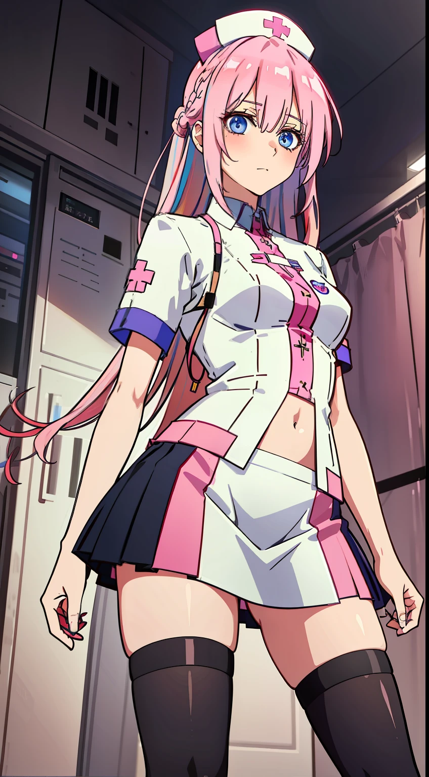 shikimori, slim legs, navel, short skirt, standing, beautiful eyes, blue eyes, afraid, nurse, battlefield, war, pink hair, long hair, thigh high socks