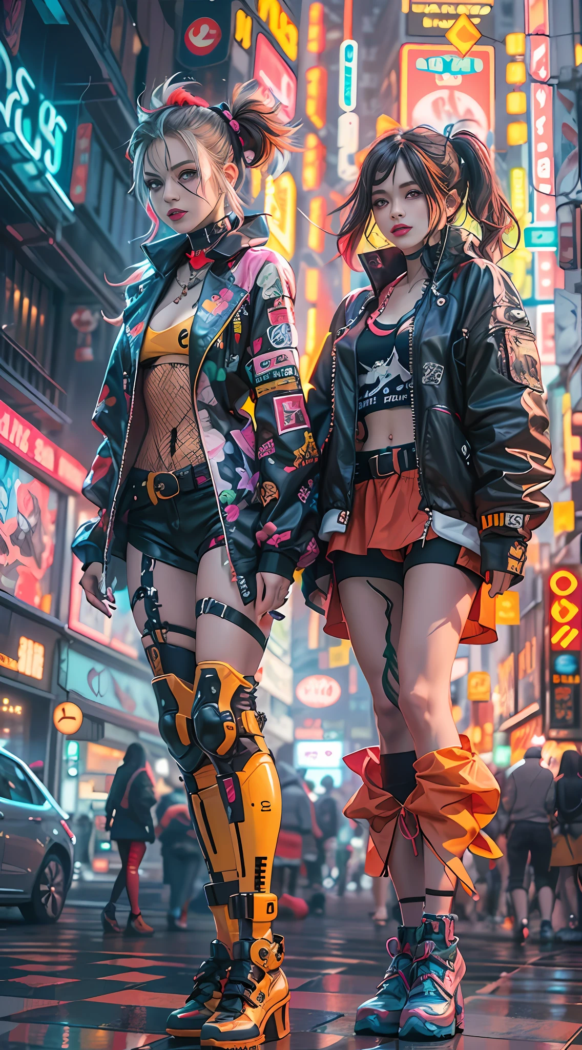 masterpiece, best quality, 2 confident cyberpunk girls standing together, Harajuku-inspired cyberpunk outfit, bold colors and patterns, eye-catching accessories, trendy and innovative hairstyle, vibrant makeup, Cyberpunk dazzling cityscape, skyscrapers, neon signs, LED lights, bright and vivid color scheme, anime, illustration, detailed skin texture, detailed cloth texture, beautiful detailed face, intricate details, ultra detailed.
