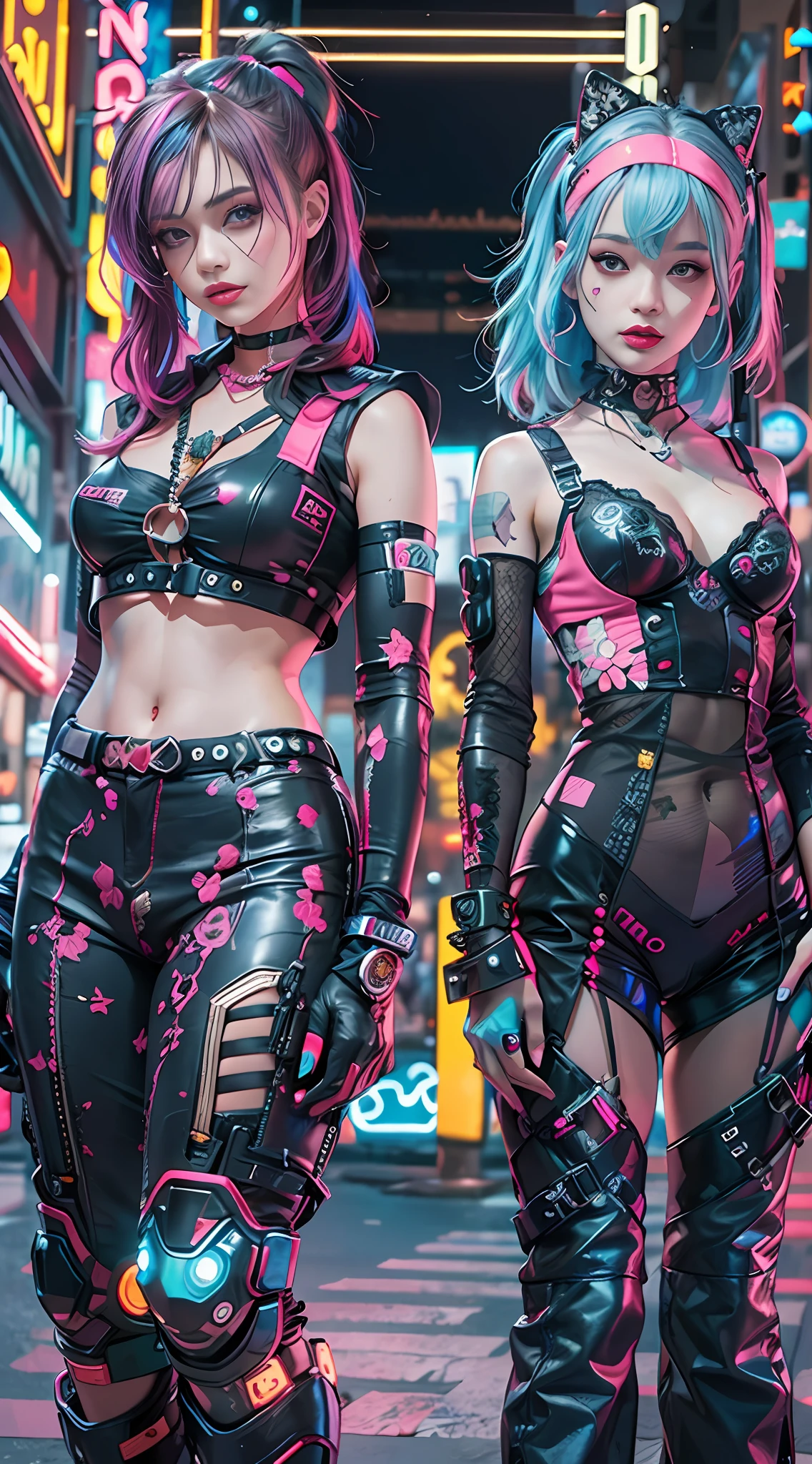 masterpiece, best quality, 2 confident cyberpunk girls standing together, Harajuku-inspired cyberpunk outfit, bold colors and patterns, eye-catching accessories, trendy and innovative hairstyle, vibrant makeup, Cyberpunk dazzling cityscape, skyscrapers, neon signs, LED lights, bright and vivid color scheme, anime, illustration, detailed skin texture, detailed cloth texture, beautiful detailed face, intricate details, ultra detailed.