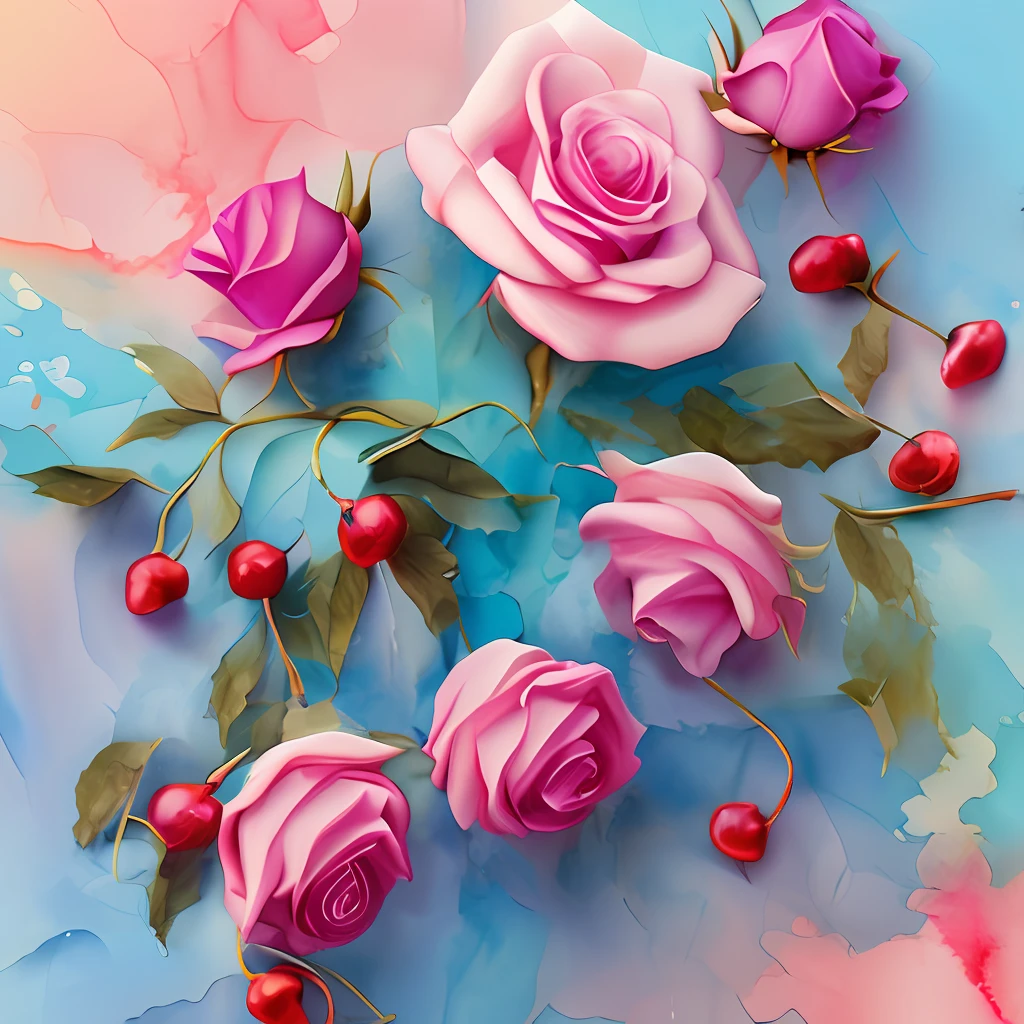 Dreamy roses and cherries , soft blue, pale pink, craft paper, charming flowers, intricate watercolor details, ambient occlusion shading