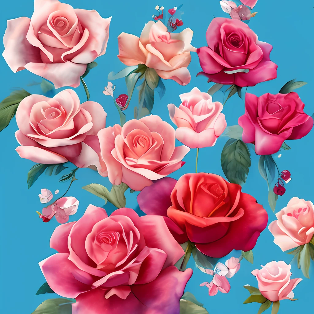 Dreamy roses and cherries , soft blue, pale pink, craft paper, charming flowers, intricate watercolor details, ambient occlusion shading