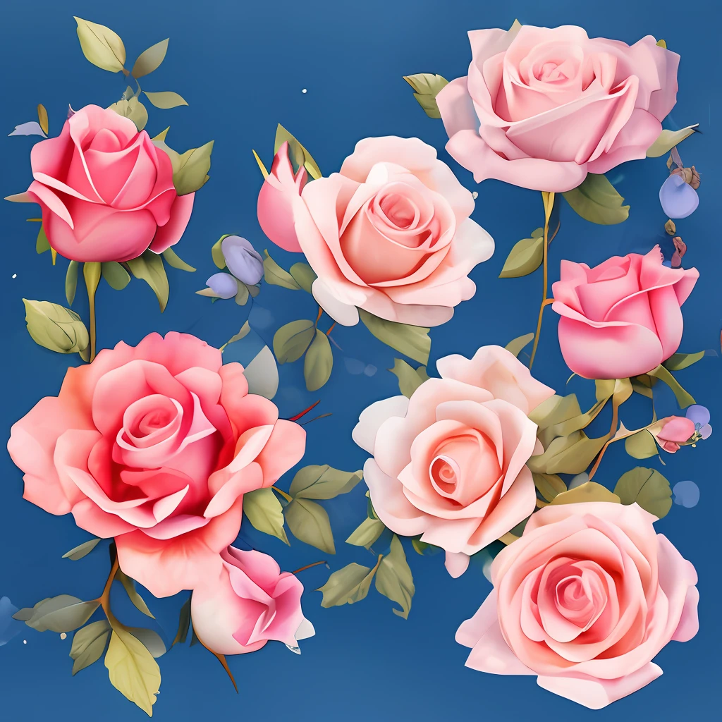 Dreamy roses and cherries , soft blue, pale pink, craft paper, charming flowers, intricate watercolor details, ambient occlusion shading