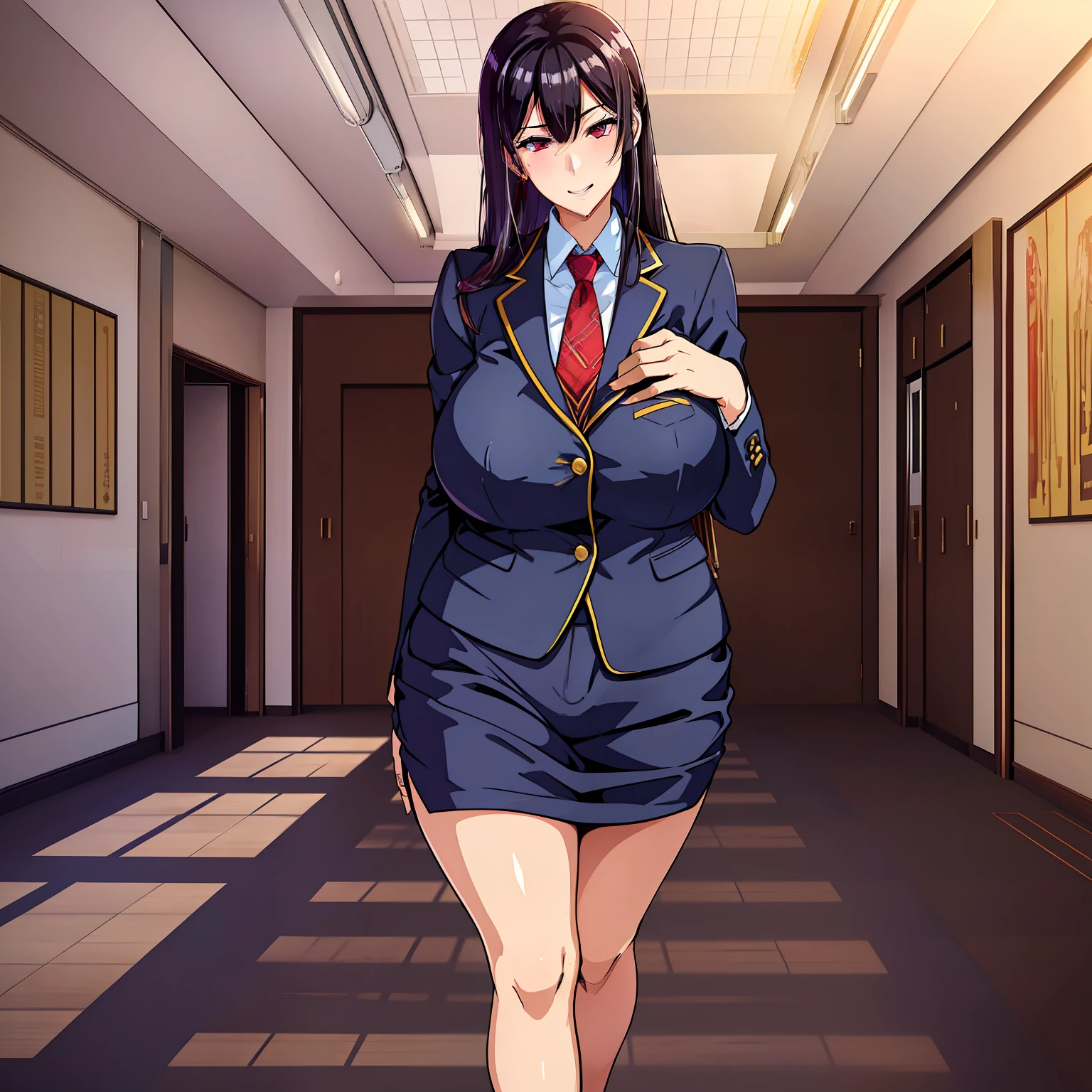 A dark-haired、Wavy hair、Business suits、Colossal tits、erect through、aunty、Soft smile、School staff room、Full body like