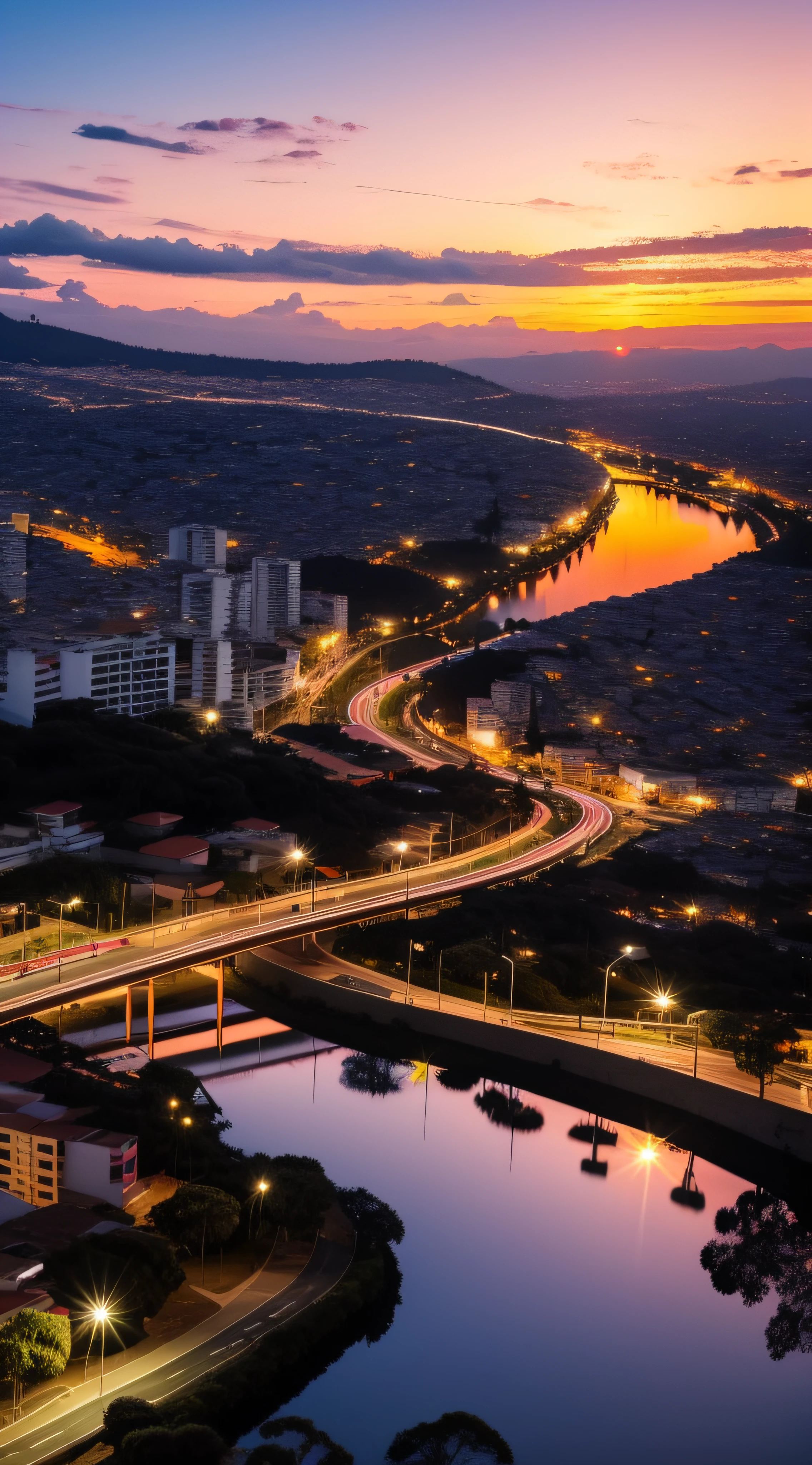 uma cidade com muitos predios, por do sol, vermelho, reflexo, janelas, nuvens, carros, ruas, cinza, realista