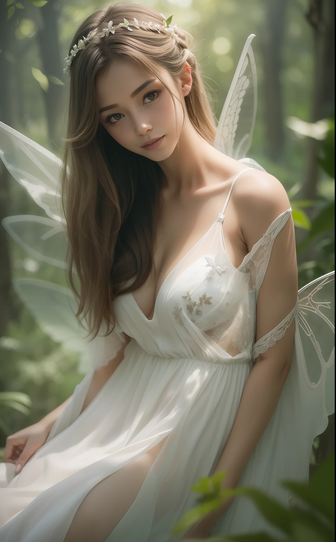 a smile、being thin、Photo of a gorgeous 20-year-old fairy wearing (White Flow Dress:1.2) And (Delicate fairy wings:1.2), , (Sateen:1.1), on forest path:,, masutepiece, Barefoot, (Natural lighting:0.8), 8K, ((Realistic)), , the woods、covering the navel、hiding breast、Hide legs、(Curvaceous)femele(flawless skin:1.11)、The upper part of the body
