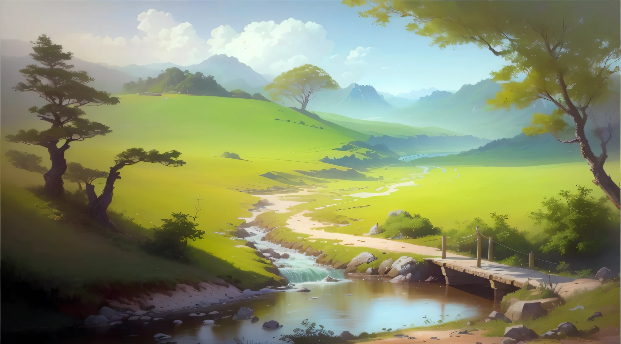 pintura de um rio que atravessa um vale verde exuberante com uma ponte, Pintura digital fosca 4K HD, beautiful oil matte painting, paisagem campestre anime, scenery artwork, Pintura digital 4k, Pintura digital 4K, Pintura de paisagem virtual 3D, pintura digital bonita, 8k resolution digital painting, 8k resolution digital painting, paisagem de arte de fantasia, scenery art detailed