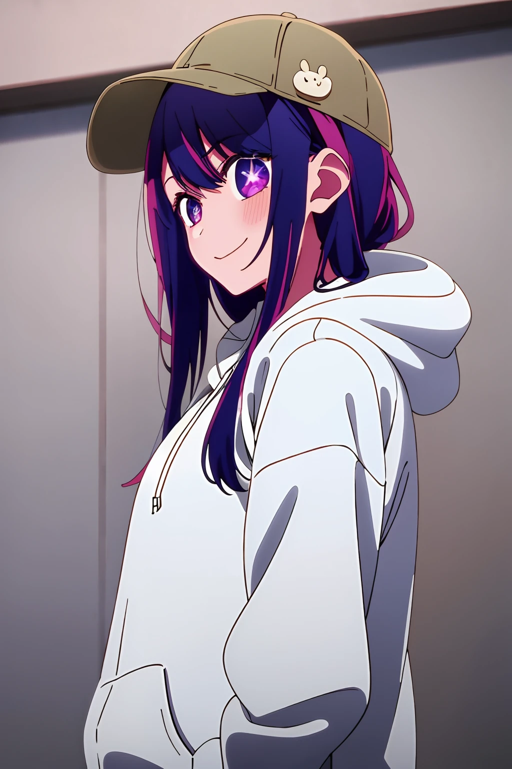 ​masterpiece、ighly detailed、(1 girl in:1.2)、purple color  hair、White hoodie、big eye、a closeup、A smile、8K、Ai Hoshino、Light blue hat🧢