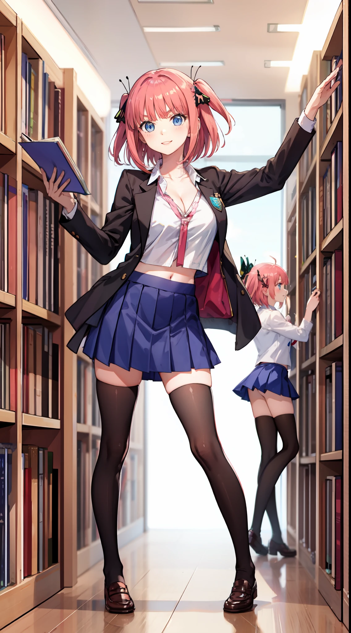 nakano_nino, short hair, slim legs, happy, cleavage, short skirt, navel, blue eyes, school uniform, thigh high socks, stand, library, pink hair, butterfly hair ornaments