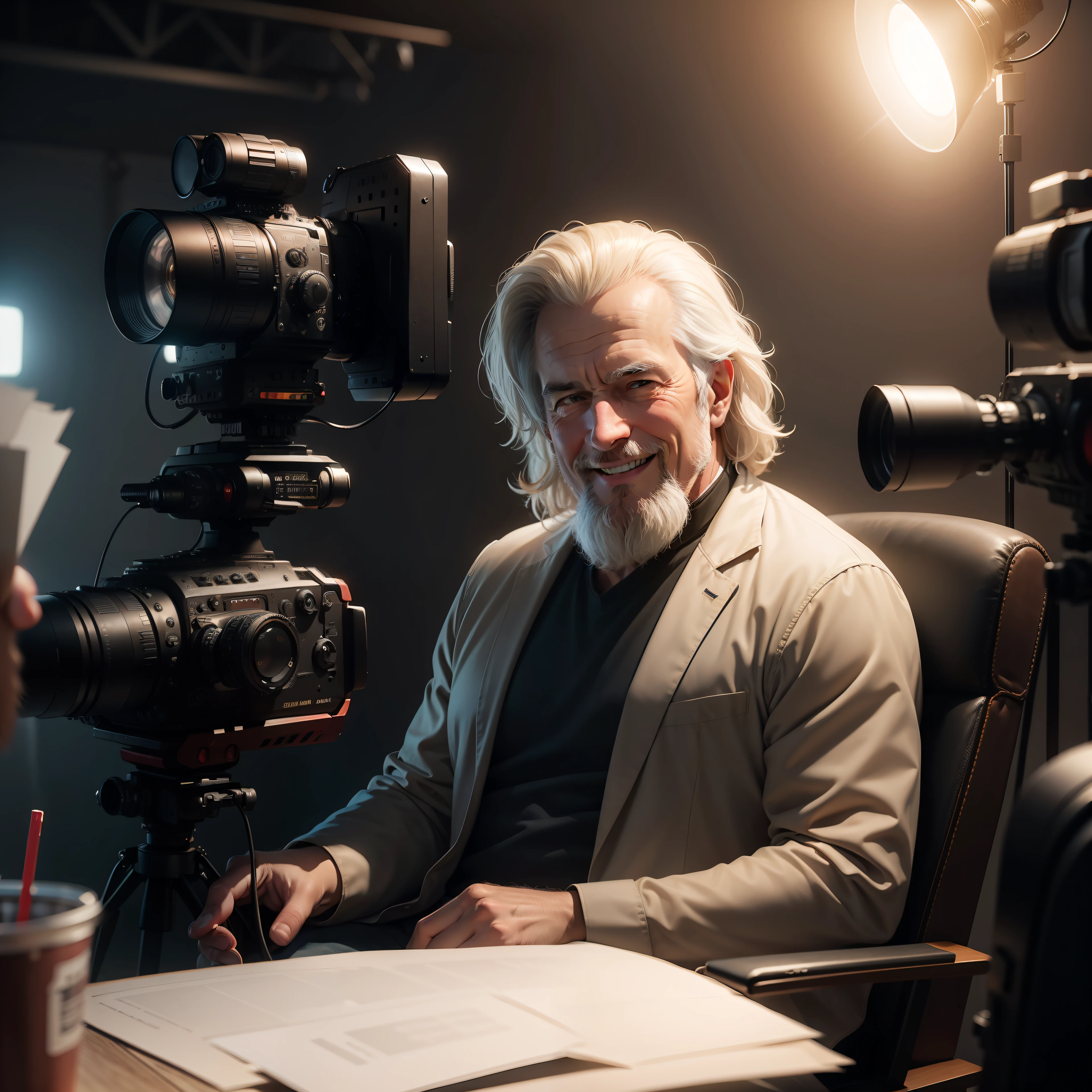 man 25 years, sitting on director's chair, smiling, looking away from camera, Change background to film set where crew members are working, cinematic, volumetric lighting, 8k, caricature, hyper realistic