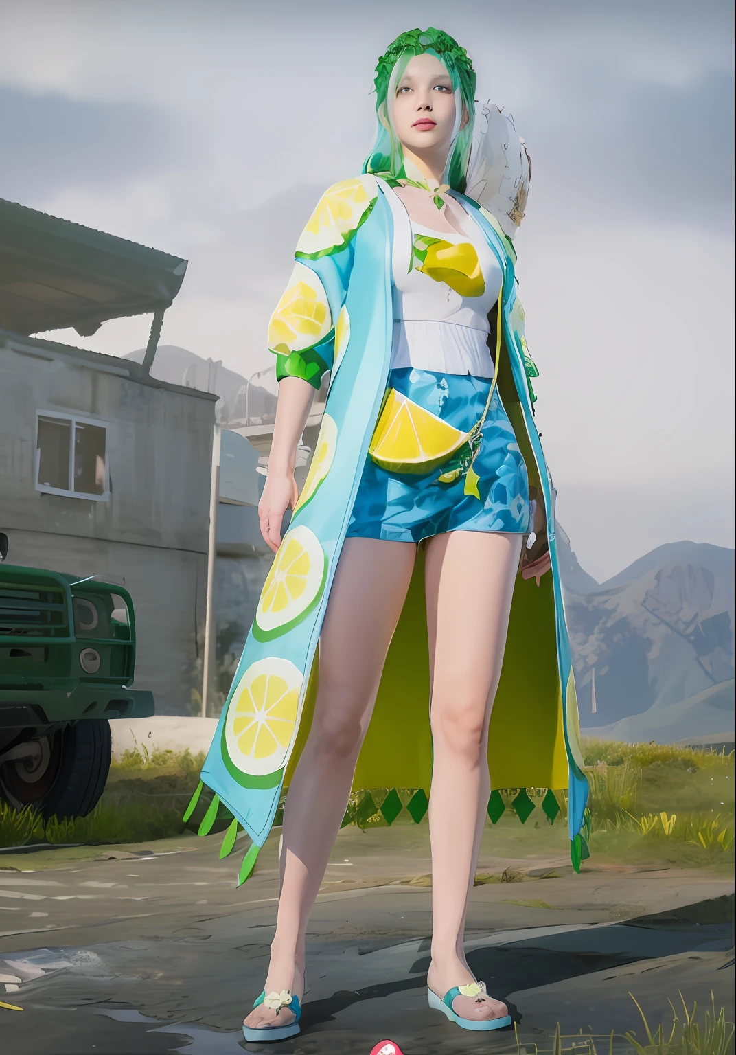 there is a woman in a short skirt and a coat standing on a street, it has lemon skin texture, with lemon skin texture, multilayered outfit, full body shot hyperdetailed, lunar themed attire, in-game, ingame image, in - game, lime, azure cape, highly detailed kimono, wearing a lemon, ((wearing aristocrat robe))