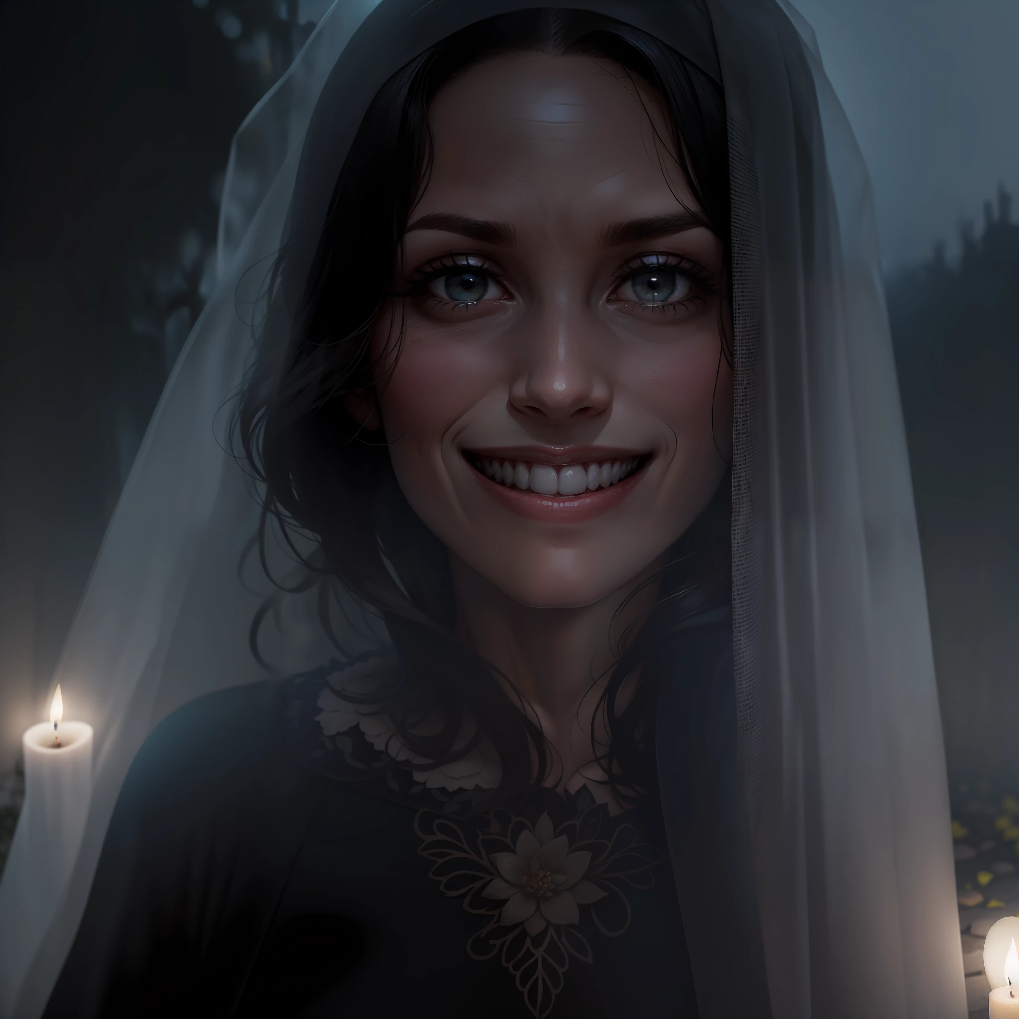 50year old woman, brunette, tall, thin, smile showing her teeth, black  dress, White transparent  veil covering her eyes. is in the cemetery at night, candlelight and fog**