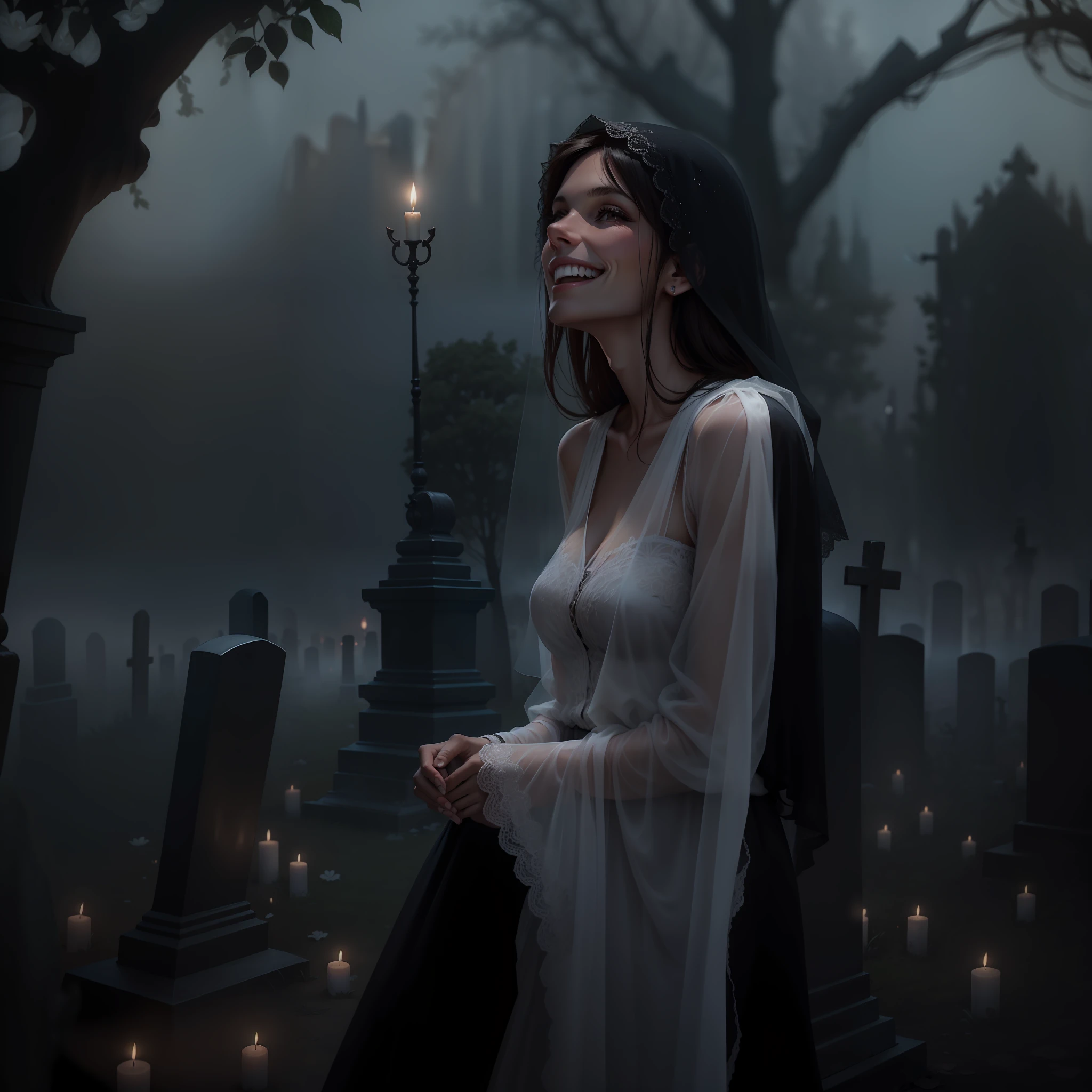 50year old woman, brunette, tall, thin, smile showing her teeth, black  dress, White transparent  veil covering her eyes. is in the cemetery at night, candlelight and fog**