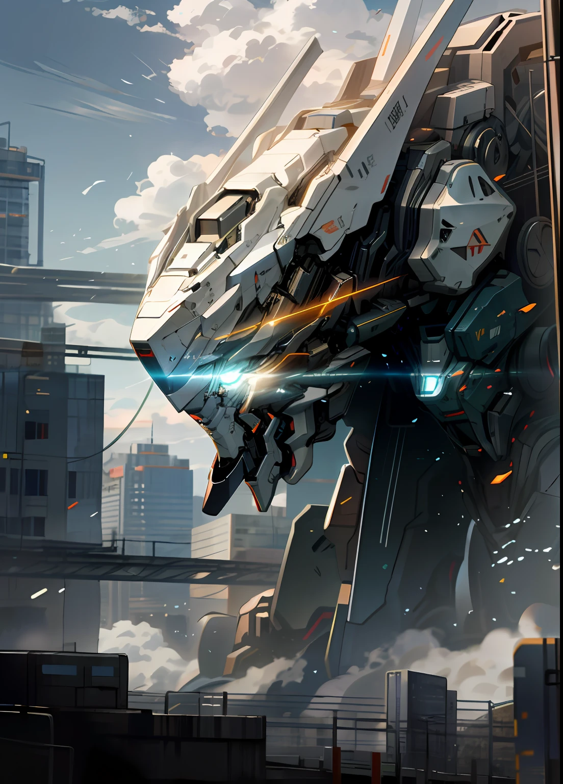 sky, cloud, holding_weapon, no_humans, glowing, , robot, building, glowing_eyes, mecha, science_fiction, city, realistic,mecha