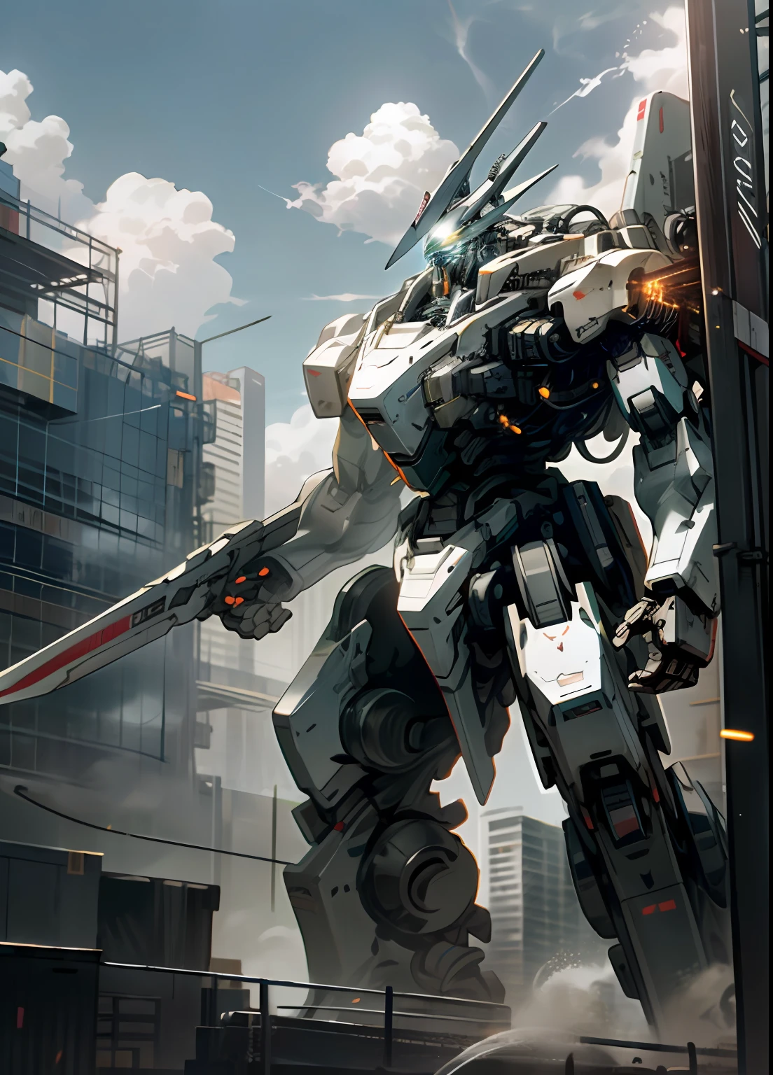 sky, cloud, holding_weapon, no_humans, glowing, , robot, building, glowing_eyes, mecha, science_fiction, city, realistic,mecha