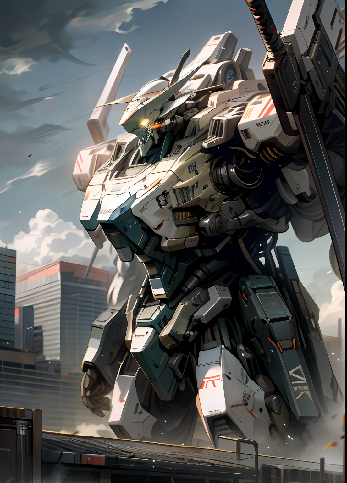 sky, cloud, holding_weapon, no_humans, glowing, , robot, building, glowing_eyes, mecha, science_fiction, city, realistic,mecha