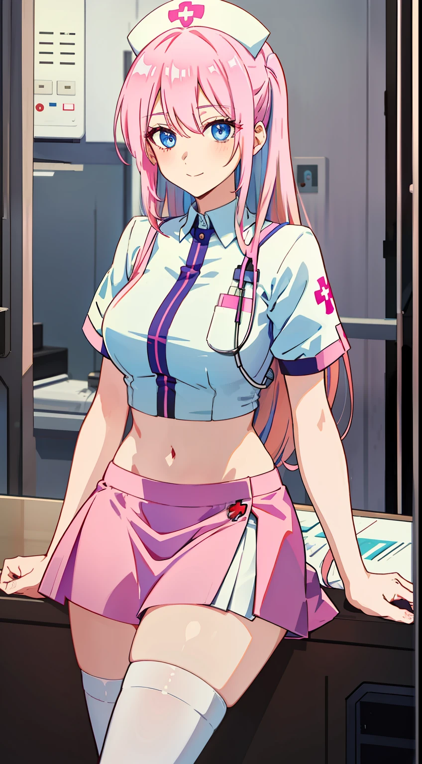 shikimori, slim legs, navel, short skirt, standing, beautiful eyes, blue eyes, happy, nurse, hospital, pink hair, long hair, thigh high socks, sitting