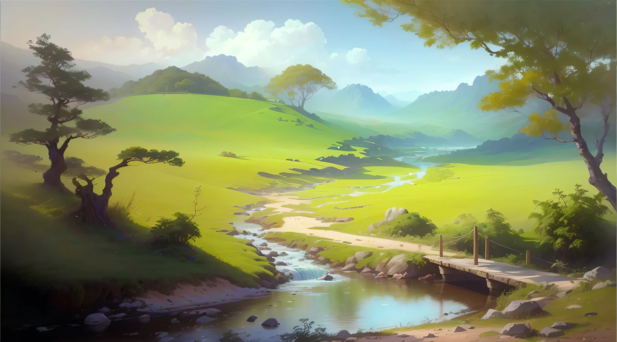 pintura de um rio que atravessa um vale verde exuberante com uma ponte, Pintura digital fosca 4K HD, beautiful oil matte painting, paisagem campestre anime, scenery artwork, Pintura digital 4k, Pintura digital 4K, Pintura de paisagem virtual 3D, pintura digital bonita, 8k resolution digital painting, 8k resolution digital painting, paisagem de arte de fantasia, scenery art detailed