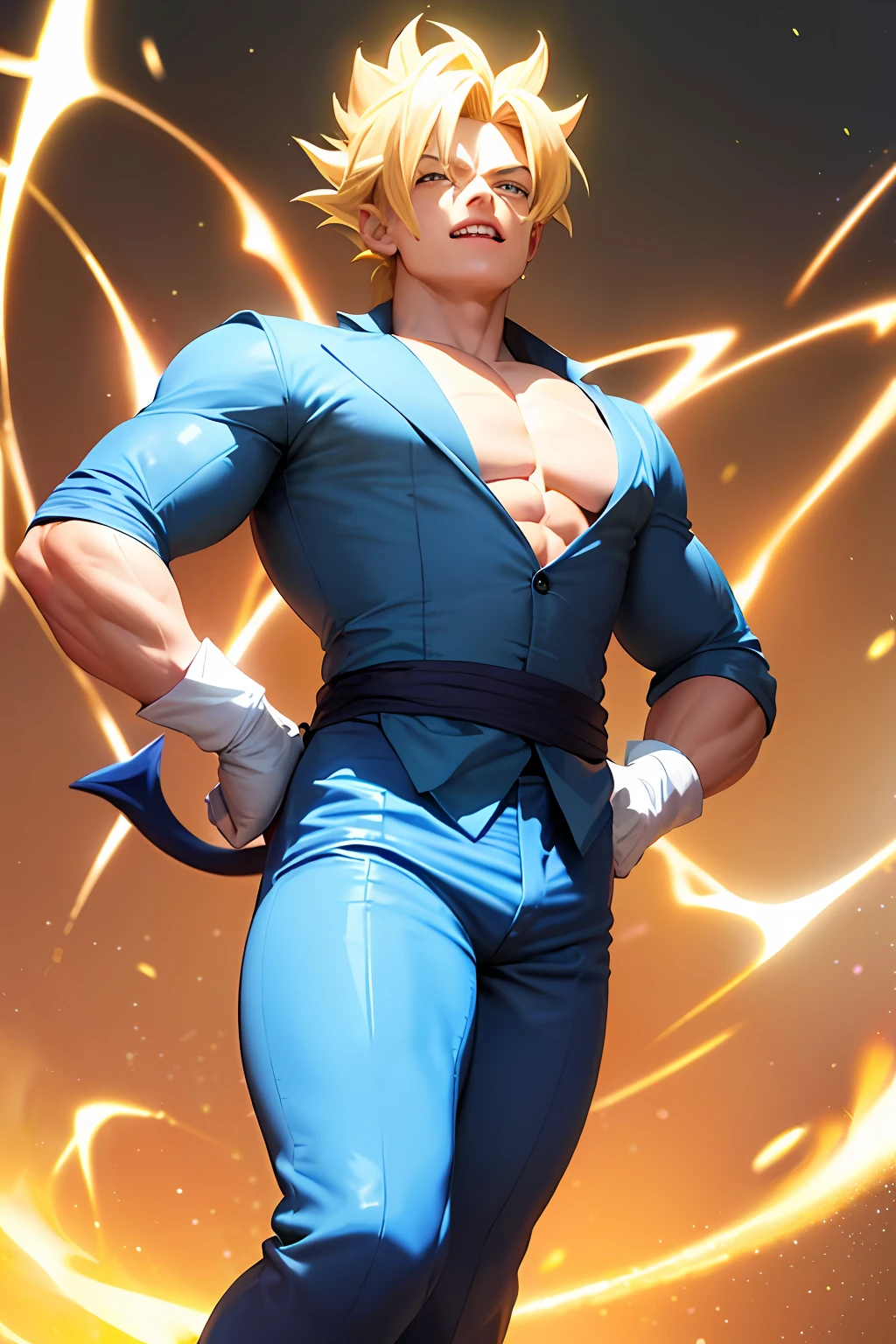 (masterpiece, best quality:1.2), solo, male focus, 1boy, vegetto, super saiyan, grin, looking at viewer, hands on hip, flying, floating, blonde hair, spiked hair, blue eyes, dougi, white boots, white gloves, pectorals, tail, surrounded by yellow lightning