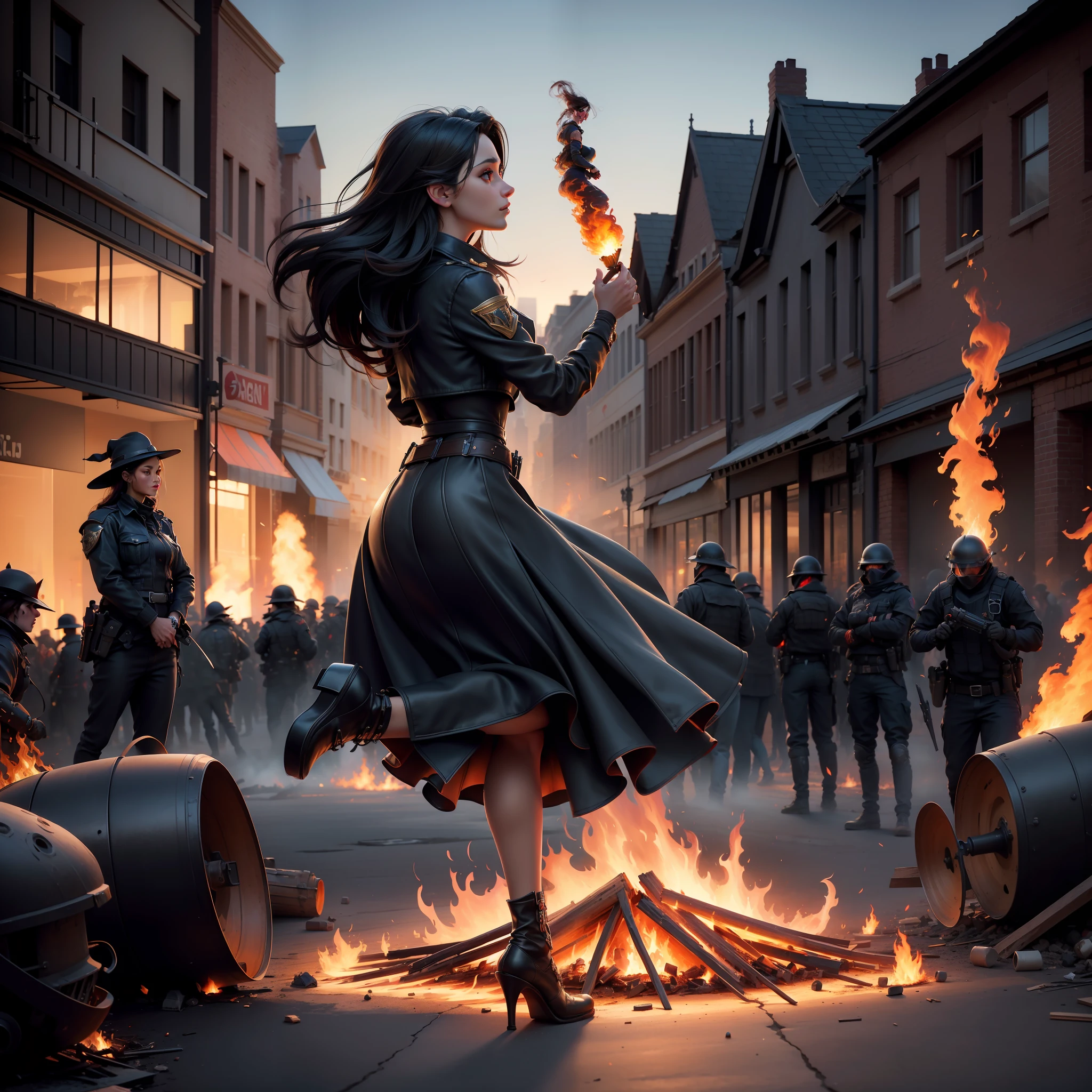 (masterpiece, top quality, best quality, official art, beautiful and aesthetic:1.2),
there is a beautiful woman jumping over a fire with a beautiful woman watching, rioting, chaotic riots in 2055, violent protest,
riot, after a riot, mosh pit, witch burning, lots of fire, pandemonium, woman made of black flames,
dystopian celebration, profile image, profile picture, bonfire in city street, beautiful oil matte painting, american scene painting,