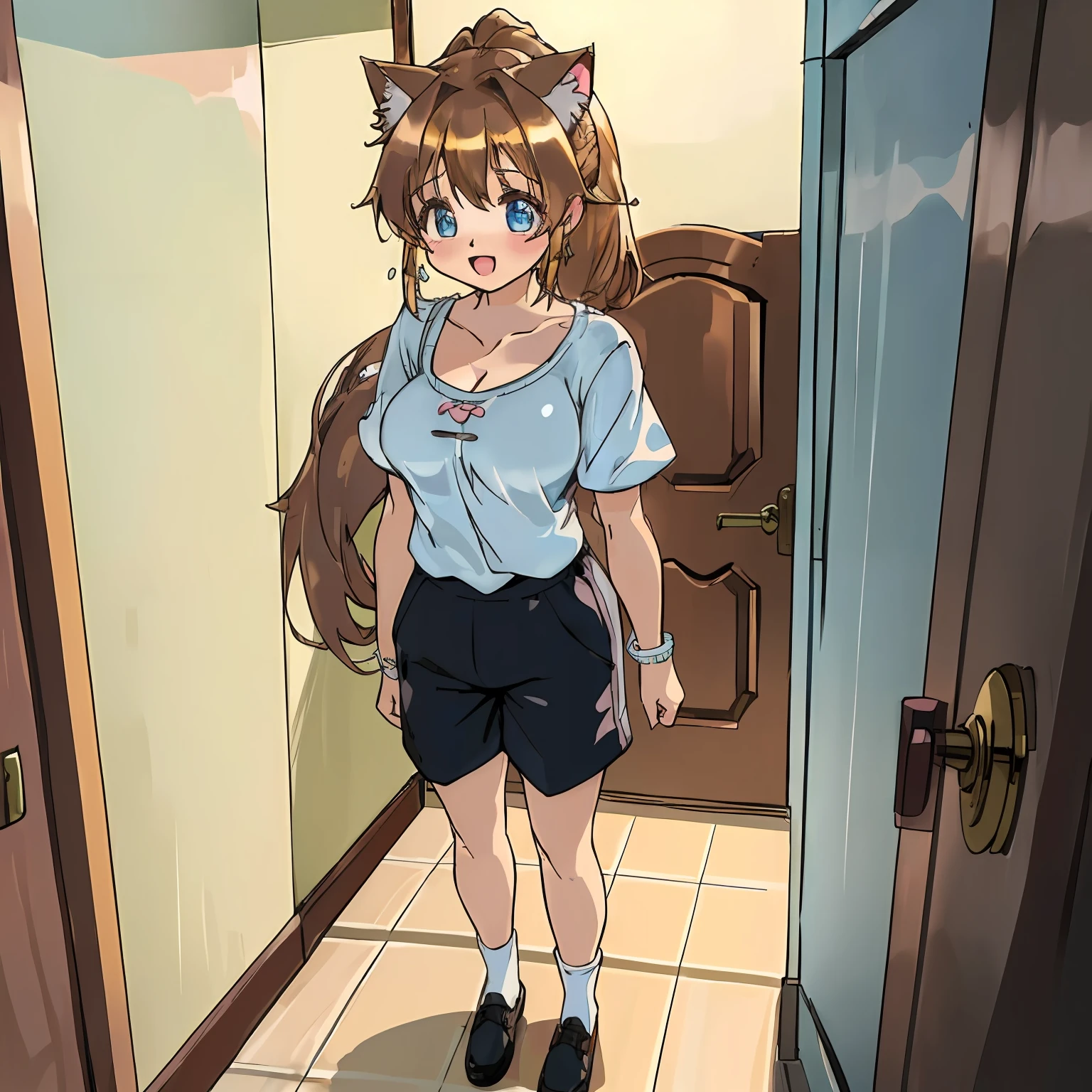 (Highly detailed CG Unity 8k wallpaper), (Best Quality), (Super Detail), (Best Illustration), (Best Shadow), POV, Realistic lighting and shading, Natural light, Lens flare effect, BREAK, 1 beautiful girl, Solo,(Cute:1.5),(Chibi:0.8), (kawaii:1.5),(Lori:0.5), BREAK, ( ( years olirl), Very detailed, colourfull, highest details, BREAK, (Huge breasts: 1. 2,), Clear skin, Beautiful skin, Shy skin, 1 beautiful girl, Brown hair, (Cat ears, Ponytail, medium-Long hair: 1. 2), (Light blue eyes, long eyelashes, Double eyelids: 1. 2), Solo, gleaming skin, BREAK,(short trousers,Black shorts,Pichi Pichi:1.2), (shortsleeves, Wet white t-shirt,Wet,no-bra:1.2), (star-shaped earring:1.1), (Lace headband:1.0), (Cute Accessories:1.3), (:D,Happiness:1.1), (is standing,Slouched:1.3), Holding a man's trunks with both hands, (Angle from below,Emphasizes cleavage:1.1), BREAK, (Caregiver:1.2),(Facilities for the elderly,Entrance to the bathroom,Day Service,in a house:1.5),(Multiple male elderly people undressed)